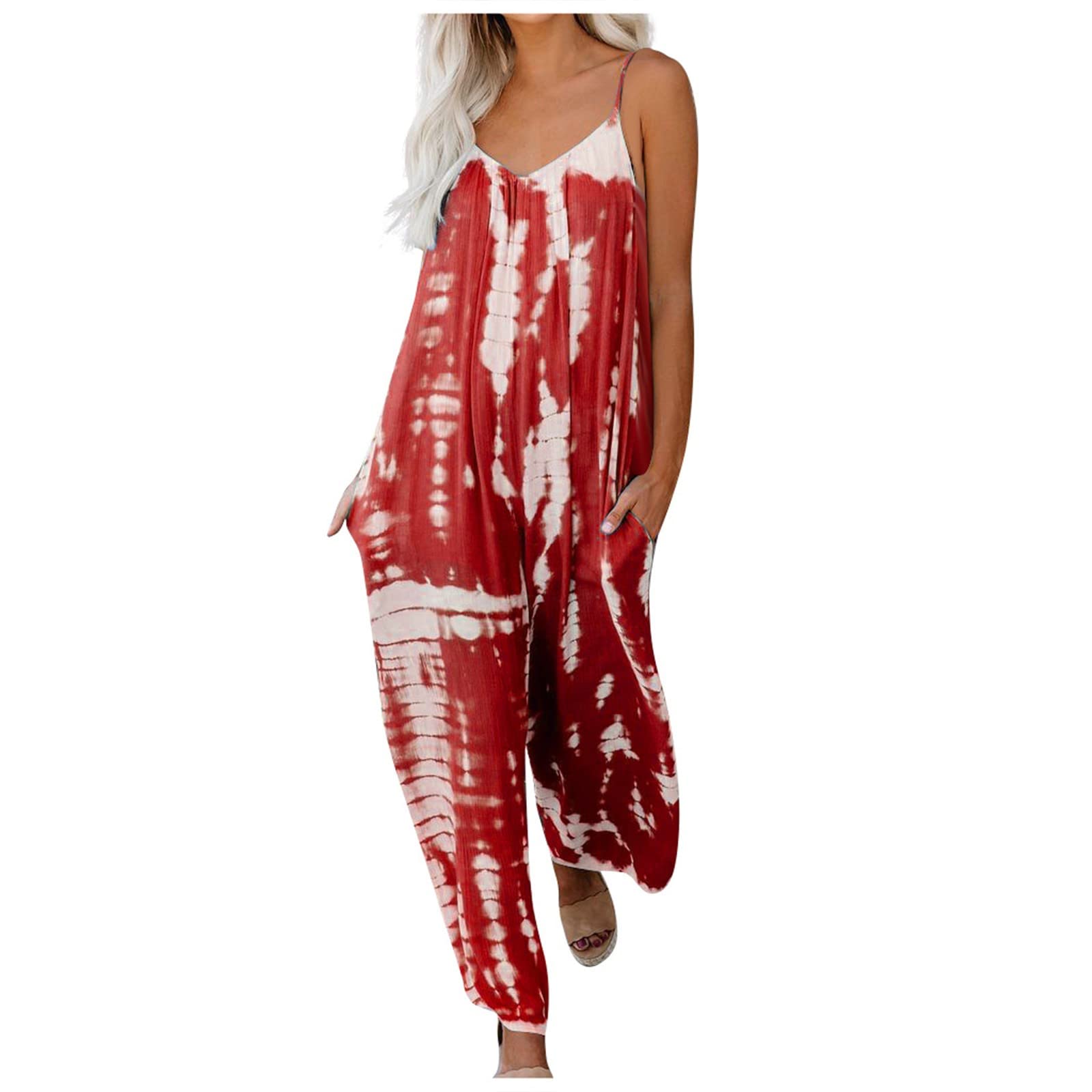 Splrit-MAN Womens Loose V Neck Leopard Print Floral Sling Long Straight Leg Jumpsuit with Pockets Baggy Comfortable Pleated Sleeveless Romper Breathable Leisure Overall