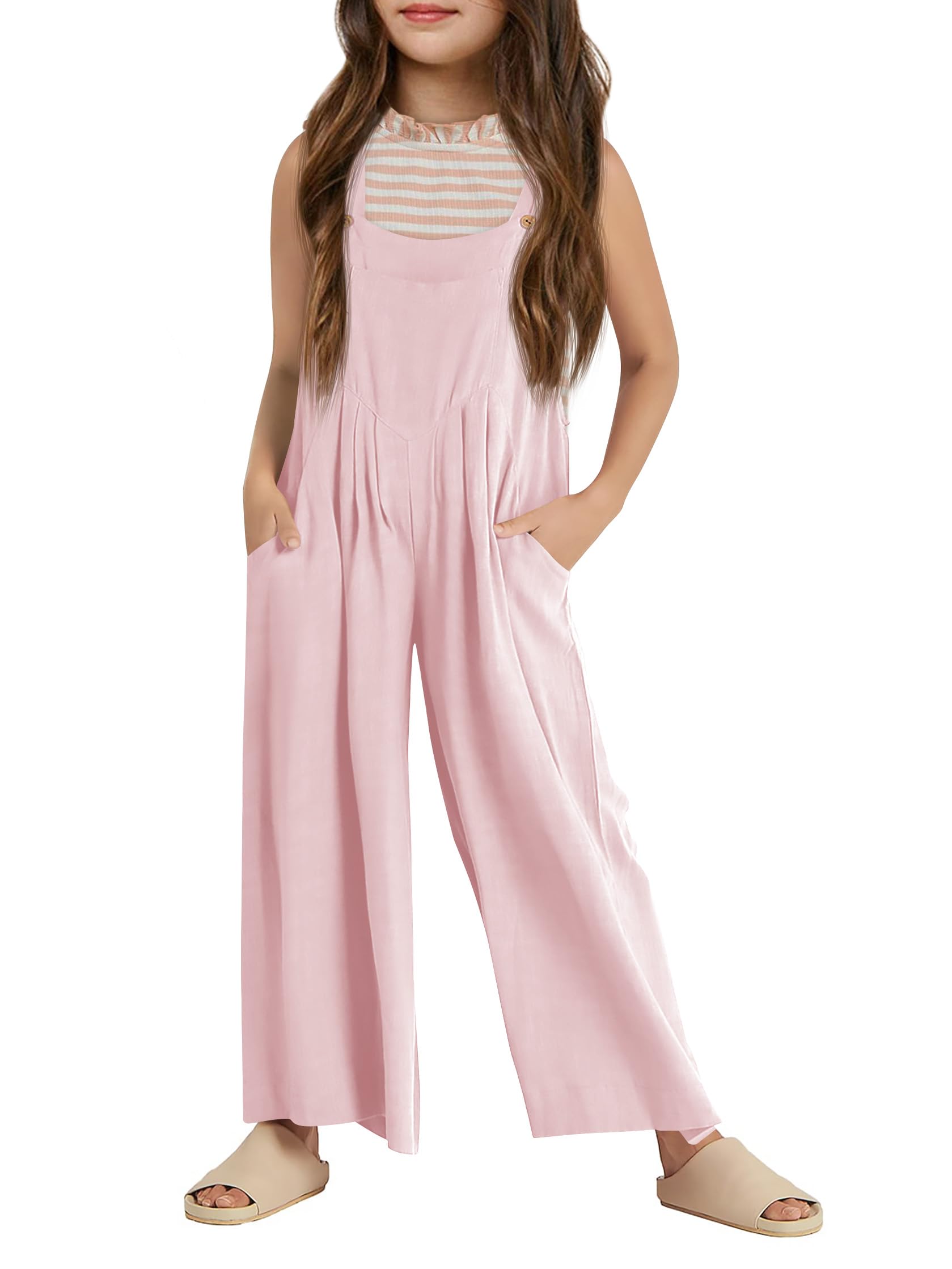 Haloumoning Girls Overalls Kids Casual Sleeveless Wide Leg Jumpsuit Loose Rompers with Pockets 5-14 Years
