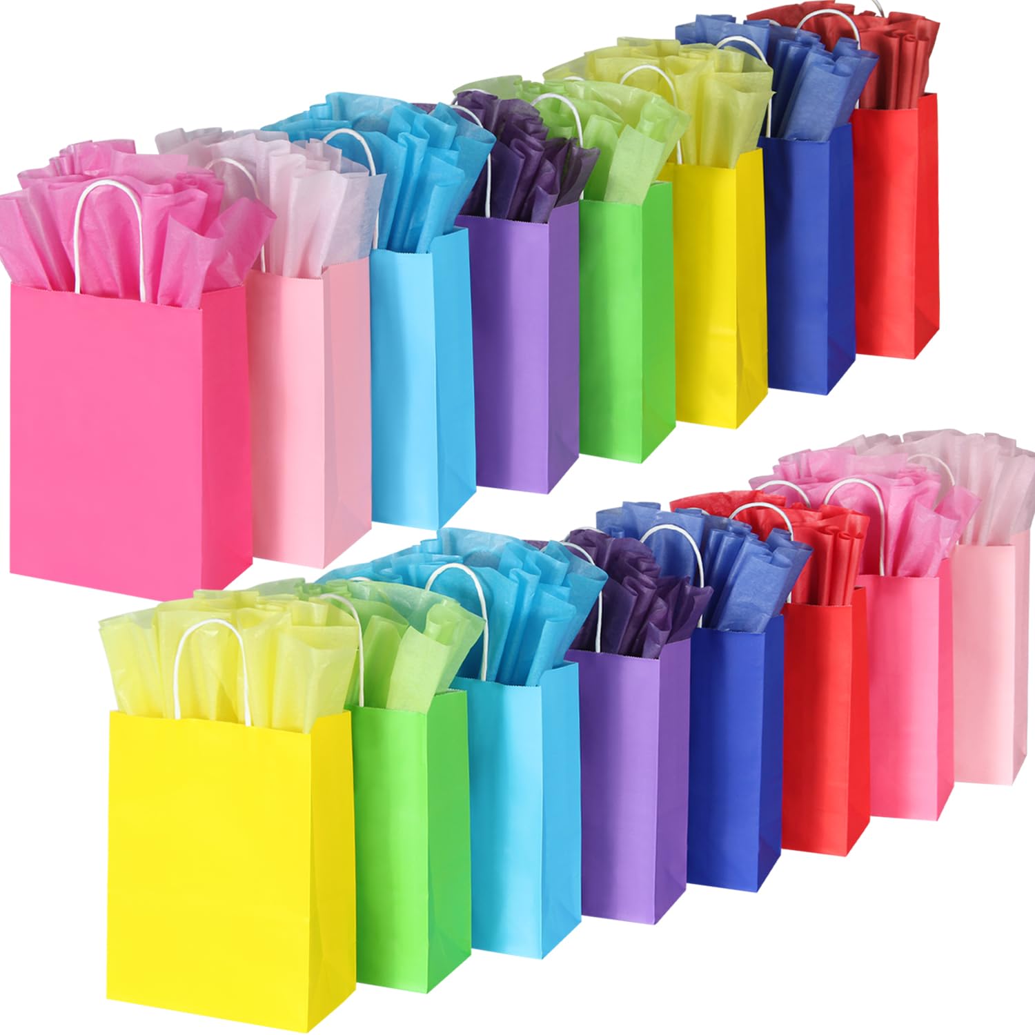 BLEWINDZ 32 Pieces Gift Bags with 32 Tissues, 8 Colors Party Favor Bags with Handles, Rainbow Gift Bag for Wedding, Birthday, Party Supplies and Gifts