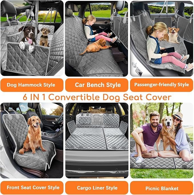 Image of 6-in-1 Dog Car Seat Cover for Back Seat, Waterproof Dog Car Hammock with Mesh Window, Non-Slip Pet Backseat Protector for Cars, Trucks and SUVsGray, 6 in 1 Dog CAR SEAT Cover
