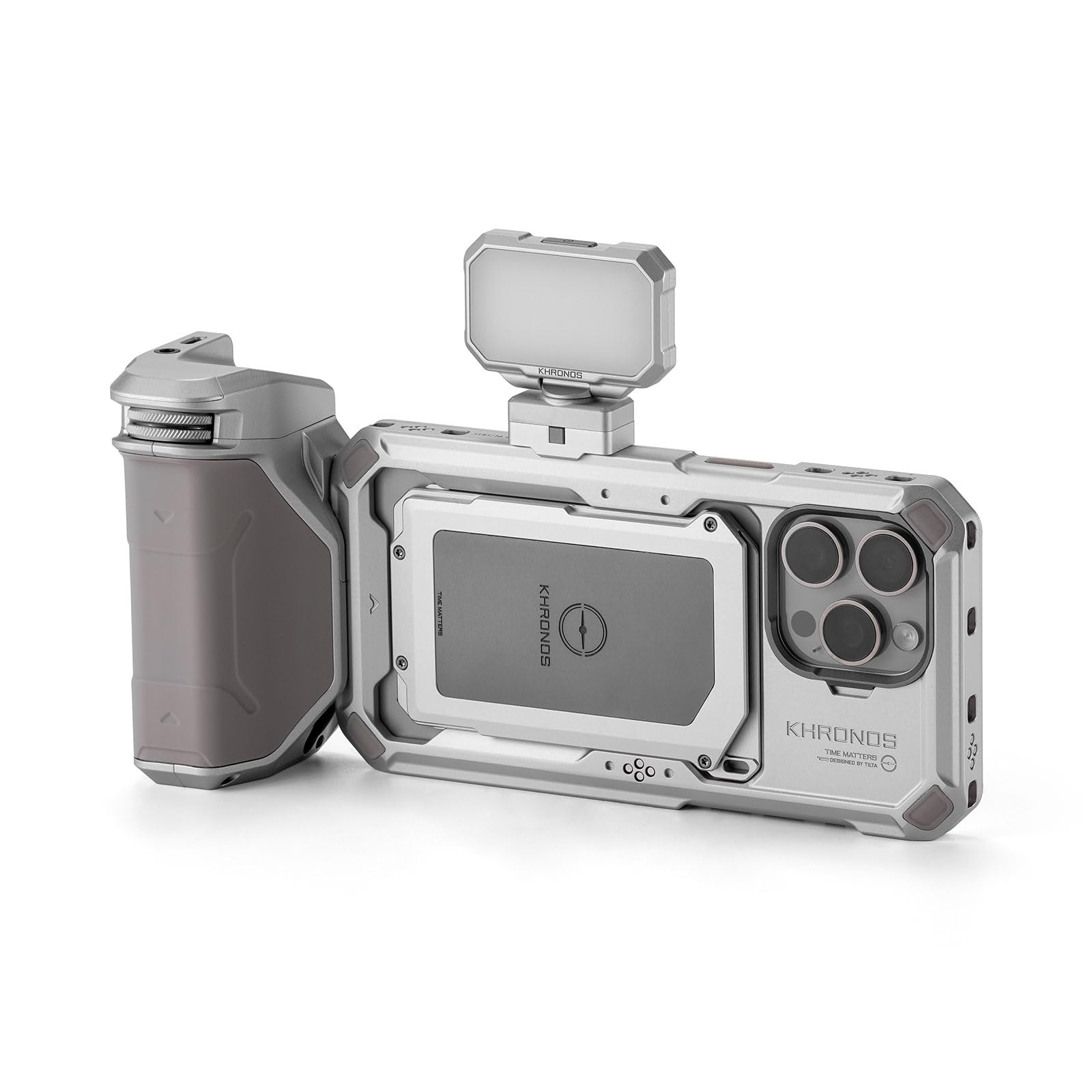 TILTA Khronos - Jaula de teléfono para iPhone 15 Pro Max con mini panel LED y mango Focus PD, equipo de video móvil, estabilizador de funda para smartphone, kit básico de titanio blanco TK-IP15-PMB-TW