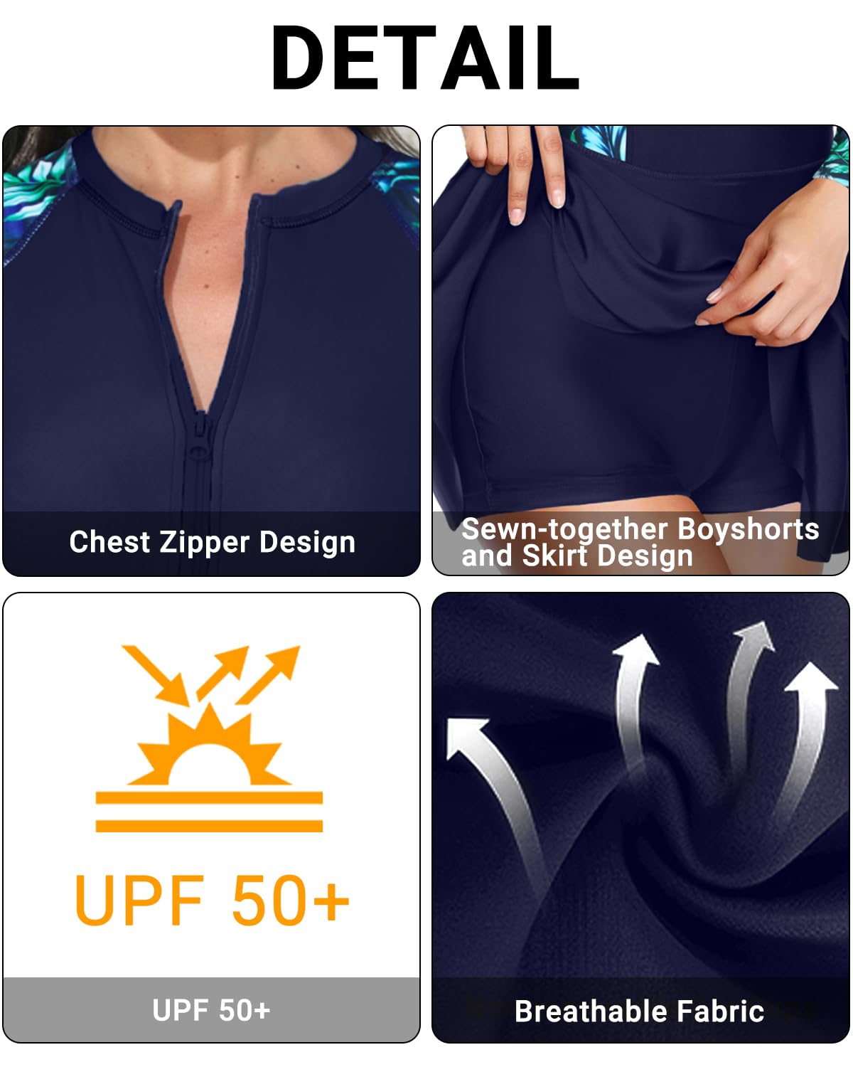 Daci Langärmeliger Rashguard-Badeanzug für Damen, mit Reißverschluss, kurzer LSF 50+