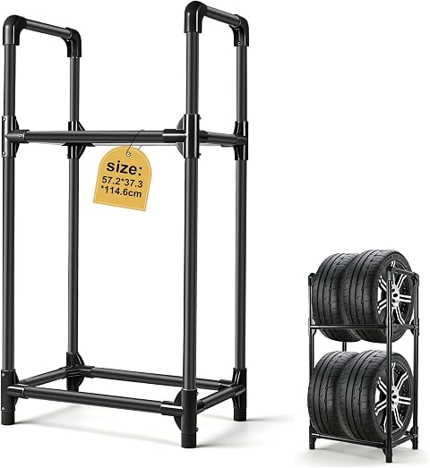EXLECO Reifenständer 4 Reifen 57x37x114cm Schwarz | Felgenbaum für Autoreifen, Werkstattregal, Garagen-Reifenhalter, Tragkraft 200kg, Stahl beschichtet
