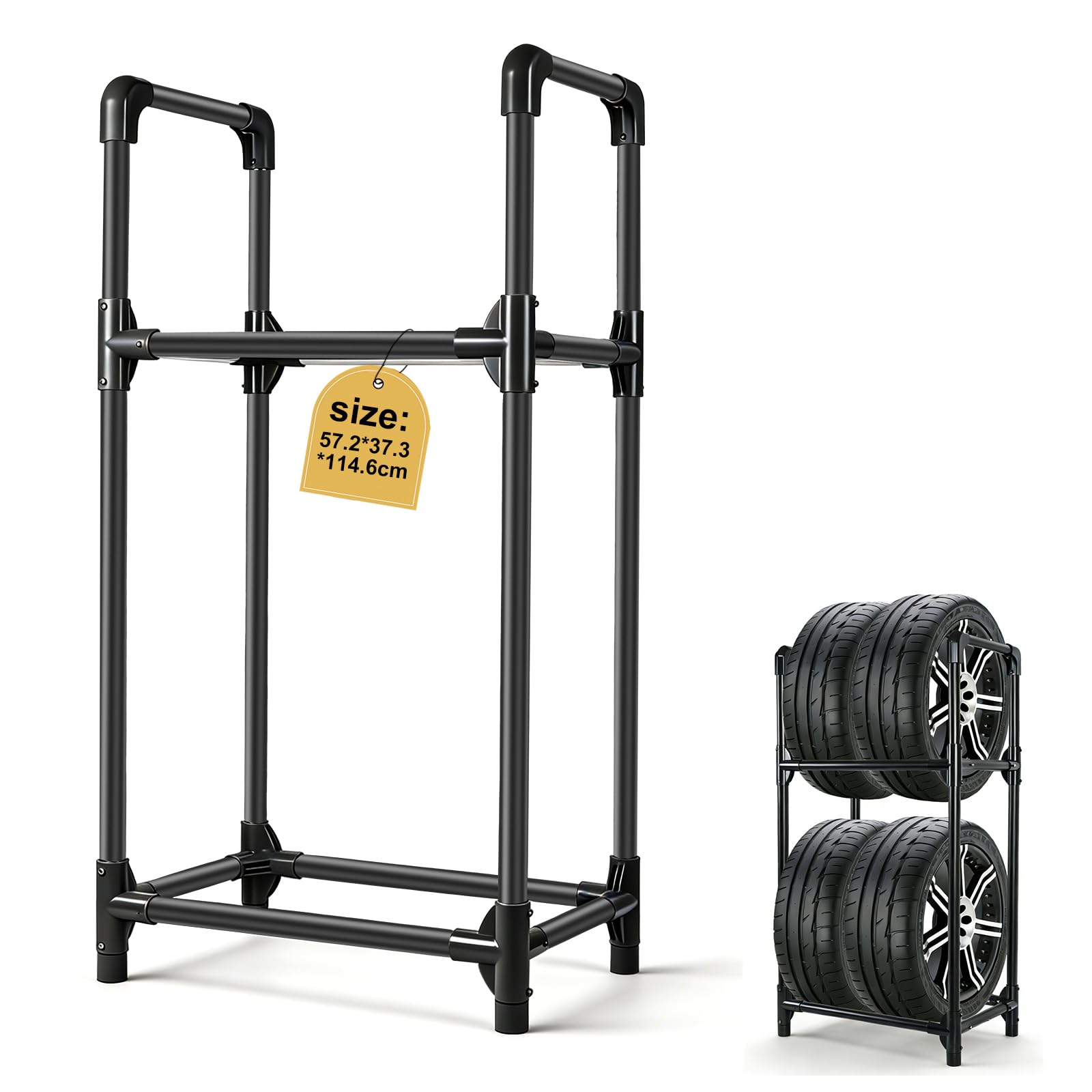 EXLECO Reifenständer 4 Reifen 57x37x114cm Schwarz | Felgenbaum für Autoreifen, Werkstattregal, Garagen-Reifenhalter, Tragkraft 200kg, Stahl beschichtet