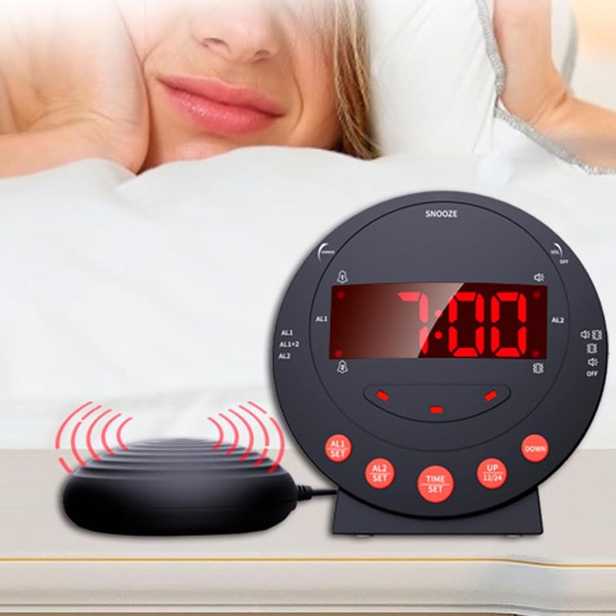 Reloj despertador con vibración para personas mayores, digital, rojo, 110 decibelios.