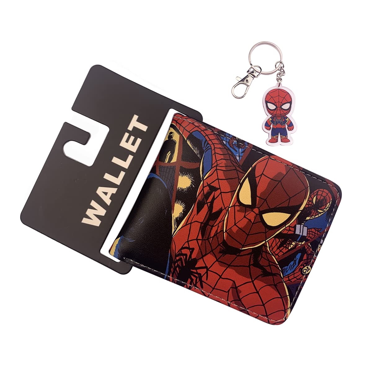 JuaseeyMen's Bifold Wallet Superhero Leather Short Wallets Coin Pocket Zip Pocket Purse with Acrylic Keychain for Boy Teens