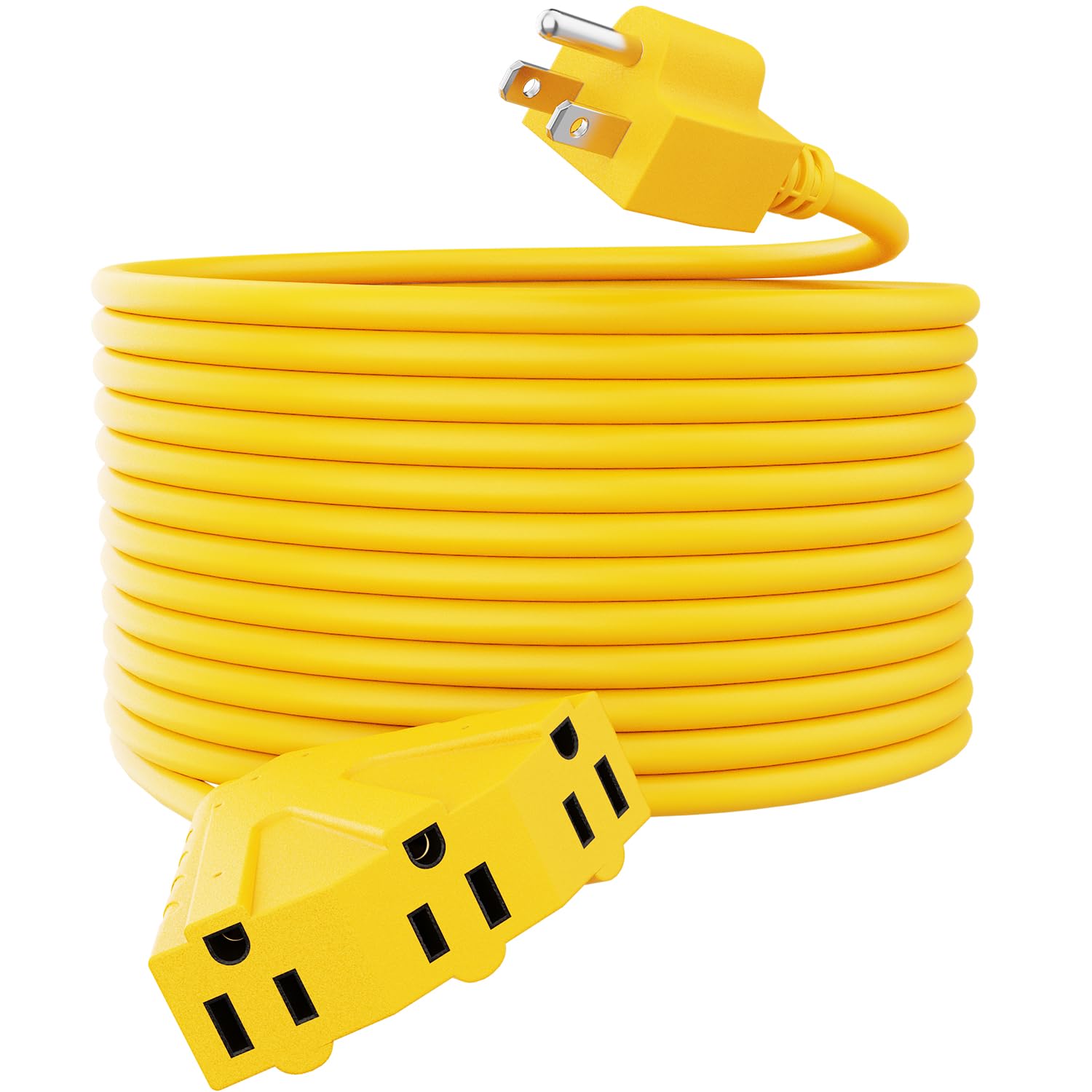 PLUGTUL 100FT Outdoor Extension Cord with Multiple Outlets, 14 Gauge, 3-Outlet, SJTW, 15A 14AWG 1875W SJTW, ETL Listed - Great for Garage, Garden and