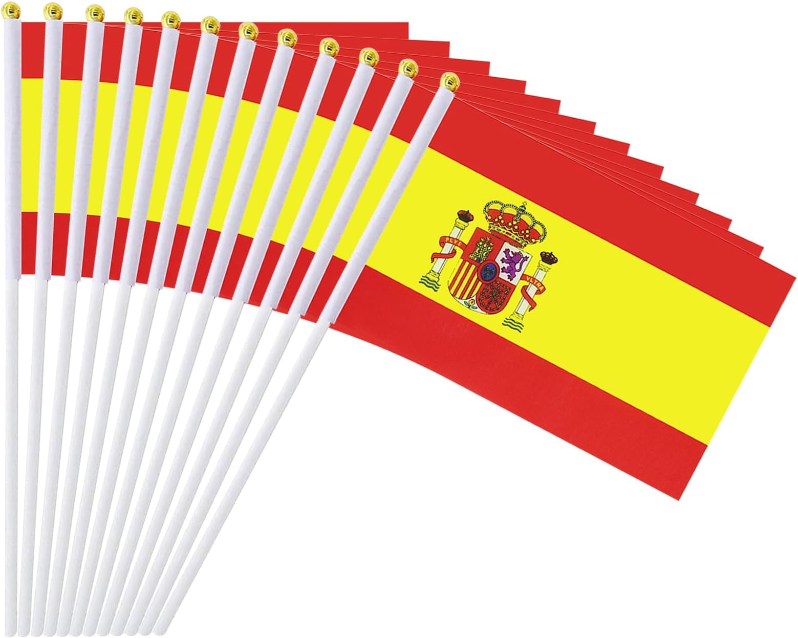 12 Pack Spanish Flags on Stick, 5.5 x 8.2 Inch Small Spain Handheld Flags for Parade Handouts, Cultural Events, National Day, School Activities and Celebrations