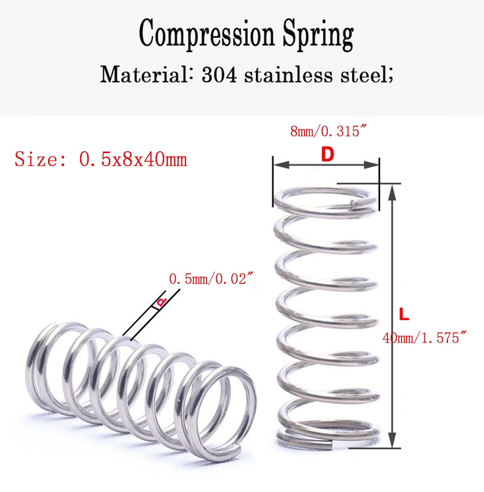 Produktbild von 10 Druckfedern Aus 304 Edelstahl – 0,5 Mm Draht-Ø × 8 Mm Außen-Ø × 40 Mm Länge, Korrosionsbeständig, Für Industrie Und Hobby