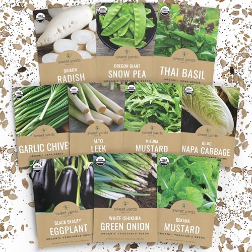 Organic Asian Garden Seeds Variety Pack - 10 Individual Packs - 2026 Season - Thai Basil Bekana Mustard Daikon Radish and More! for Indoor & Outdoor Planting (Non-GMO Certified Organic)