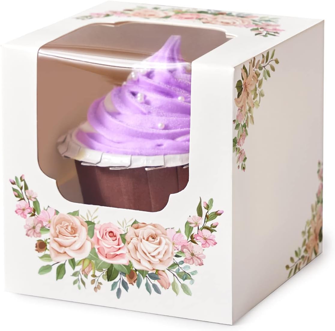 Mother's Day Flowers Cupcake Boxes Individual 100 PCS with Insert and Window, 3.5" Floral Pink White Wedding Single Cupcake Containers for Mothers day Treat Gift Packaging