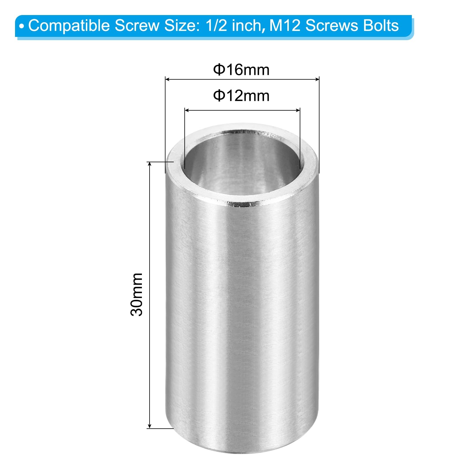 PATIKIL M12 Stainless Steel Spacers, 12Pcs Metal Spacer 12mm ID x 16mm OD x 30mm l Screw Standoff for 1/2" or M12 Screw - Image 2