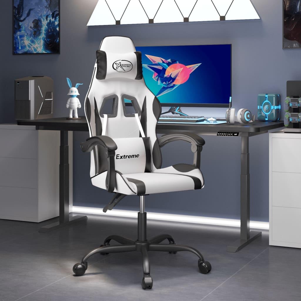 Gaming-Stuhl Drehbar Weiß Schwarz Kunstleder Ergonomisch mit Wippfunktion und Rückenlehne Verstellbar für Homeoffice Jugend PC Esport Komfortabler Chef Sessel