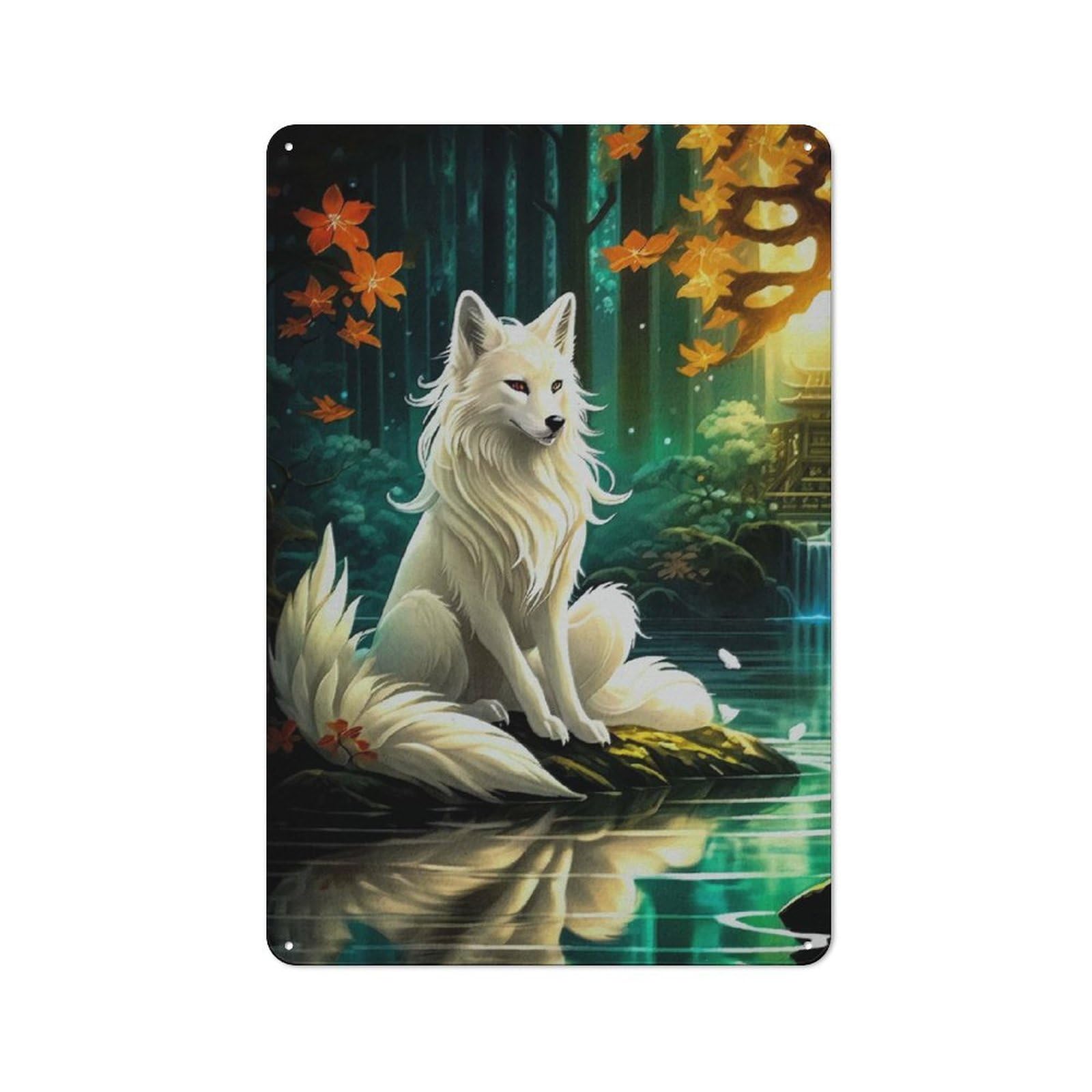 Junmoney Style-22 30X20cm Vintage Metal Sign With Sakura Kitsune Fox For Studio Or Craft Room, For Vintage Wall Decor Fans, For Metal Sign Collectors
