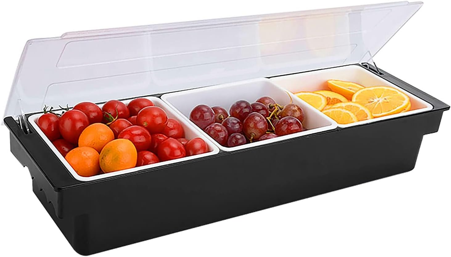 - Ice Cooled Condiment Serving Container Fruit Veggie Condiment Caddy Plastic Garnish Station with Lid for Fruit,Ice Cream,Salad Bar-Topping Organizer for Restaurant Supplies (3 Compartments)