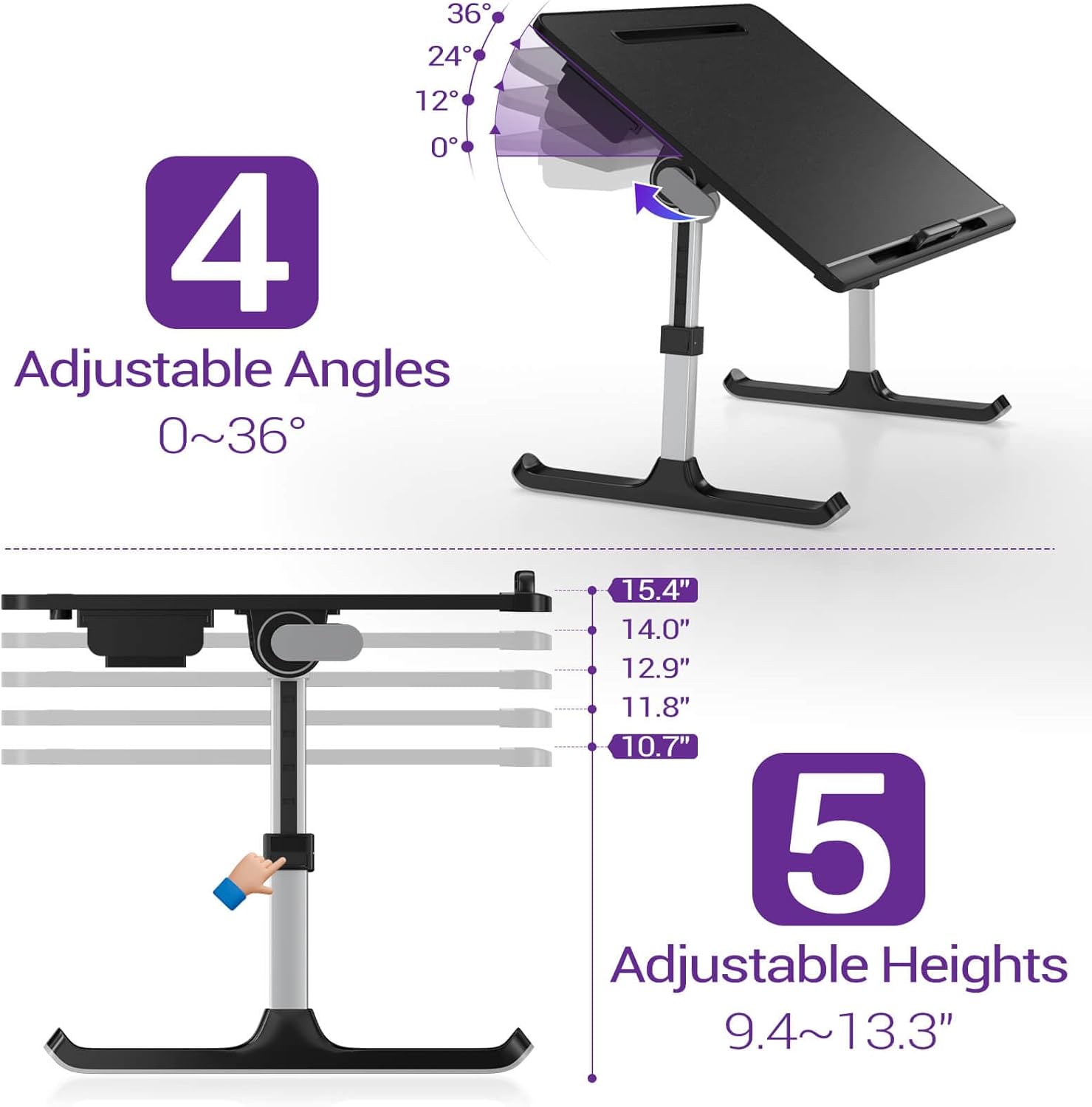 Laptop Desk for Bed, NEARPOW XXL Bed Table for Laptop and Writing, Adjustable Computer Tray Foldable Laptop Stand for Bed or Sofa W/Anti-Slip Faux Leather,Removable Stopper, Book Stand & Drawer Black