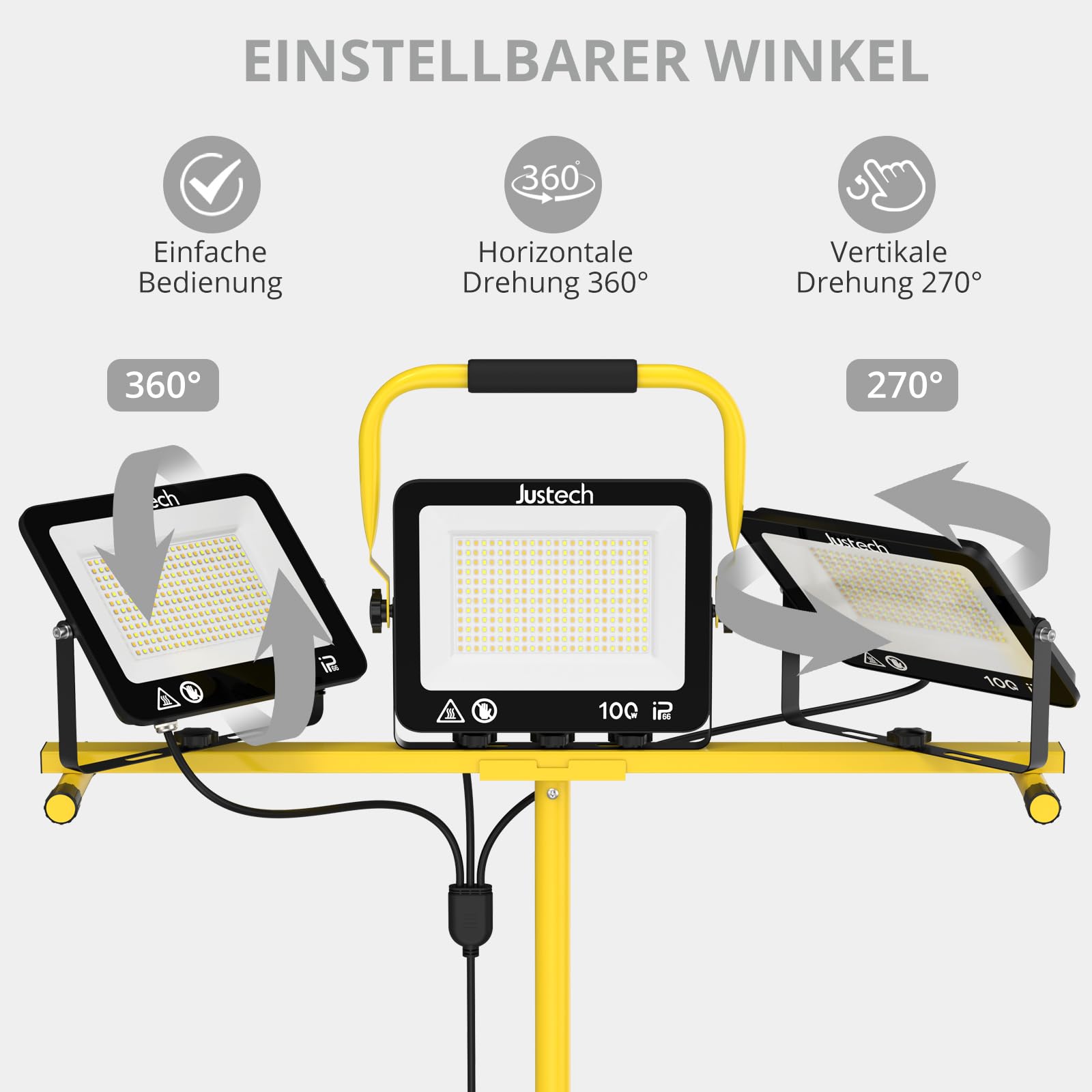 Justech LED Baustrahler mit Stativ Arbeitsscheinwerfer IP66 Werkstattlampe | 27000LM 3X100W (3000K/5000K/6500K) für Werkstatt, Garage, Baustelle, Camping, Autoreparatur 3-Farbtemperaturen