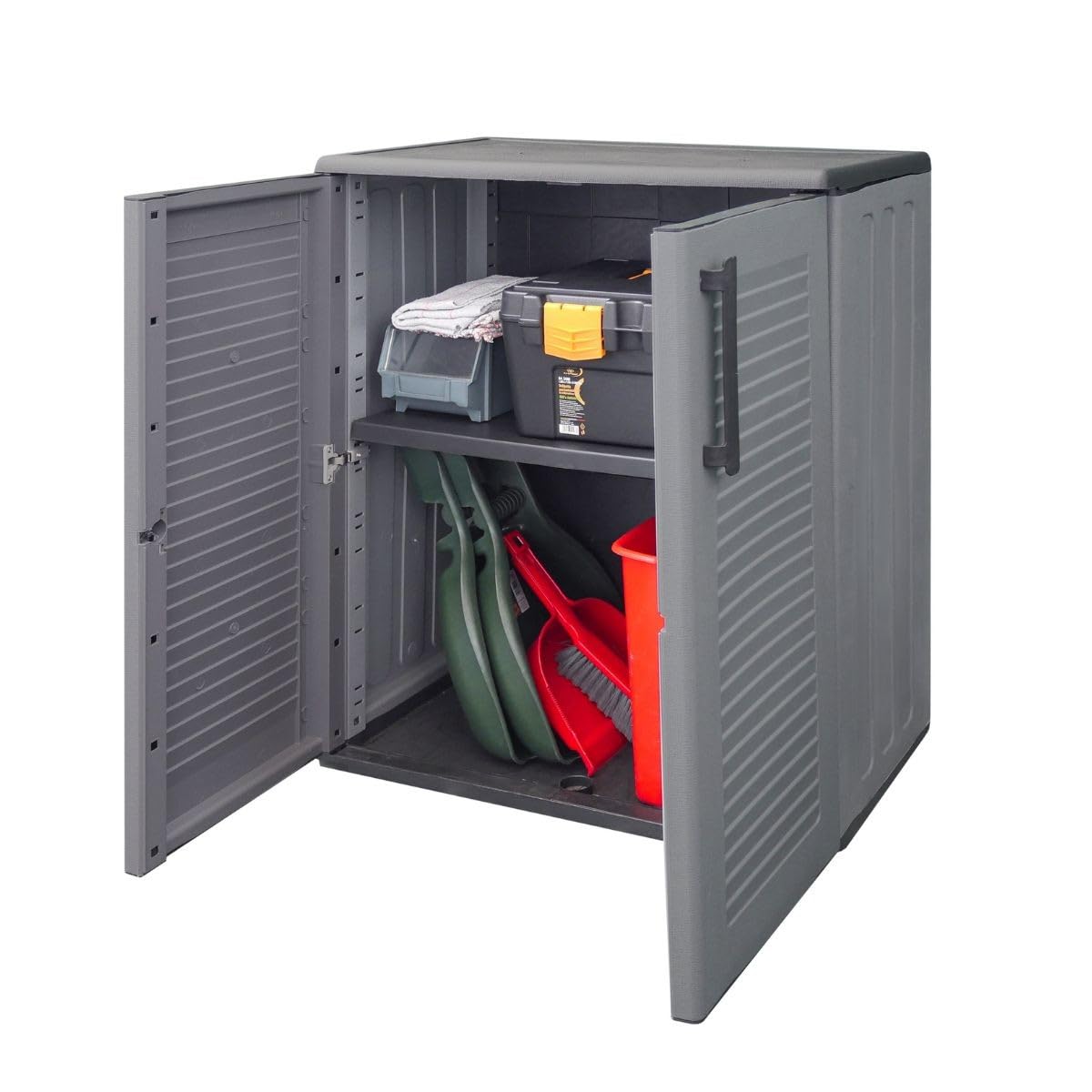 INTEC - Armoire Basse de Rangement 2 Portes Gris Anthracite 68x37x84 cm – Meuble Polypropylène Recyclé pour Garage, Jardin, Buanderie – Résistant Eau & UV
