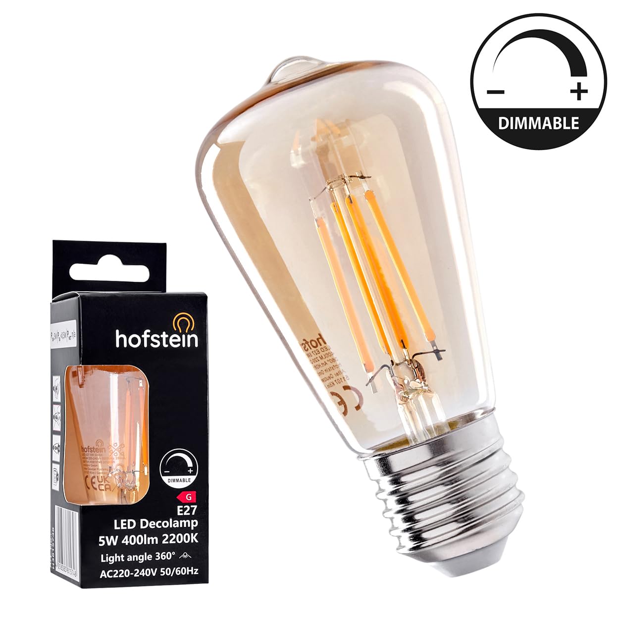 HOFSTEIN E27 LED Warmweiss Vintage Glühbirne 10er Set, Dekoratives Leuchtmittel mit 5 Watt 2200 Kelvin 400 Lumen, dimmbar für Stimmungsvolle Beleuchtung im Wohnbereich, Retro Look für E27 Fassung