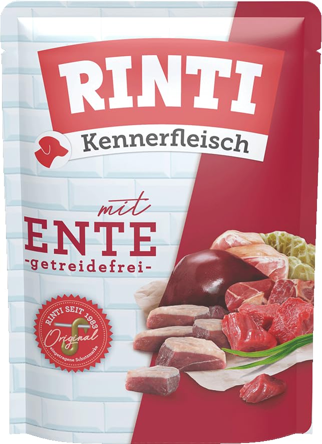 RINTI - Kennerfleisch | Nassfutter mit 70% Fleisch für ausgewachsene Hunde. Getreidefreies Alleinfutter in der Dose ohne Soja, Farb- und Konservierungsstoffe | 10x400g Ente