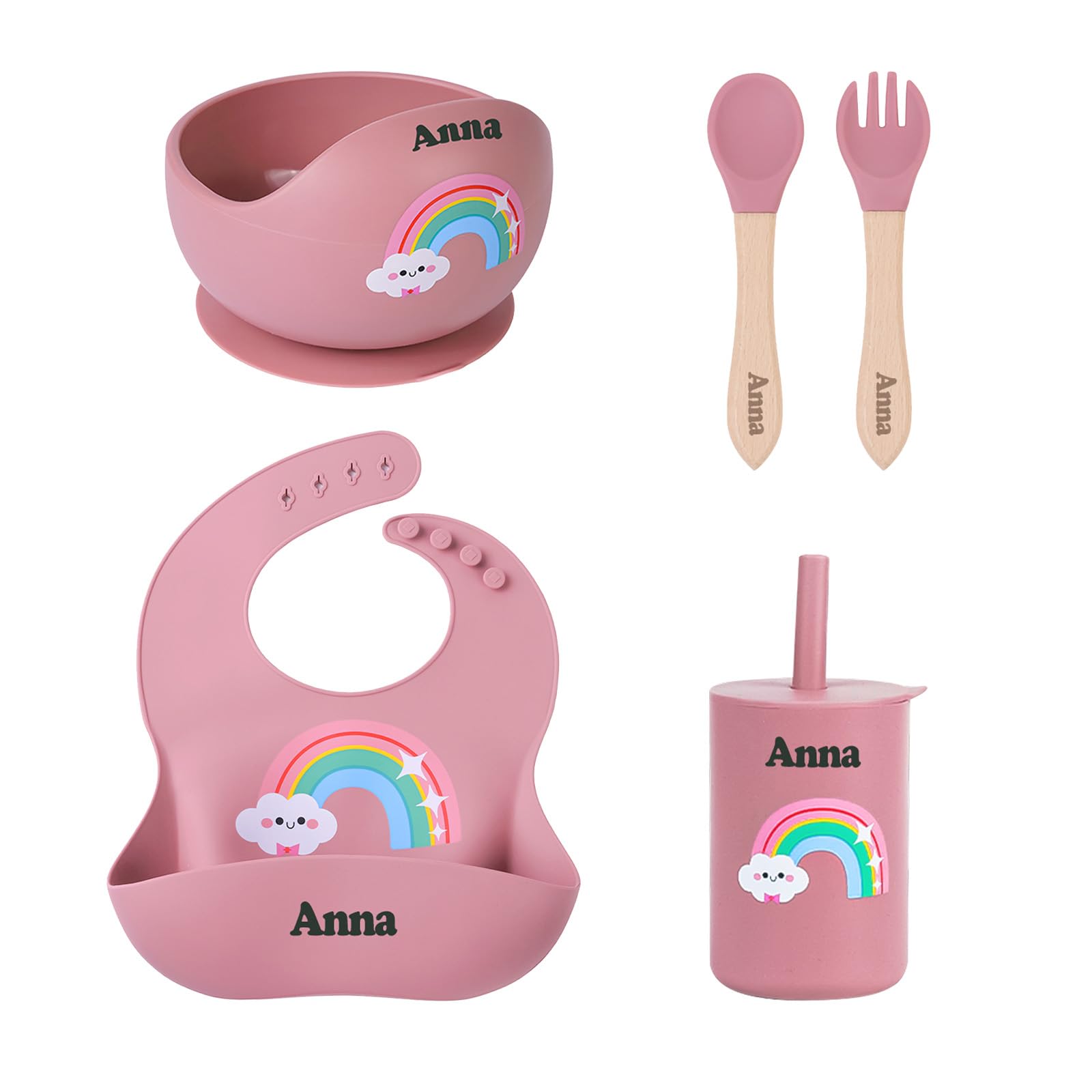 TYRY.HU Personalised Baby Weaning Set,Includes Bowls with Suction,Spoon and Fork Set,Dinky Cup,Bibs Silicone Feeding Set Learn to Use Toddler