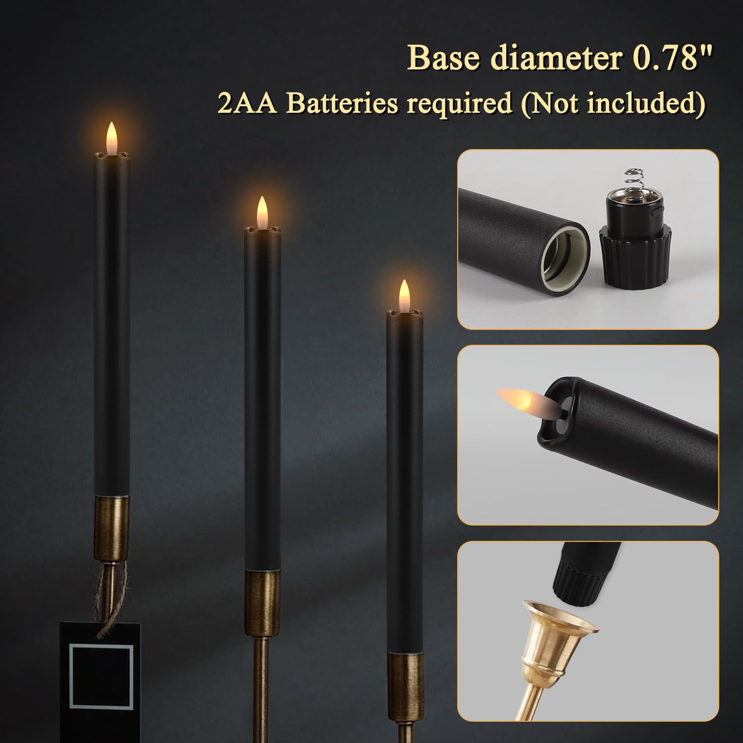 24 schwarze flammenlose kegelförmige Kerzen LED Flackernde Kerzen Set