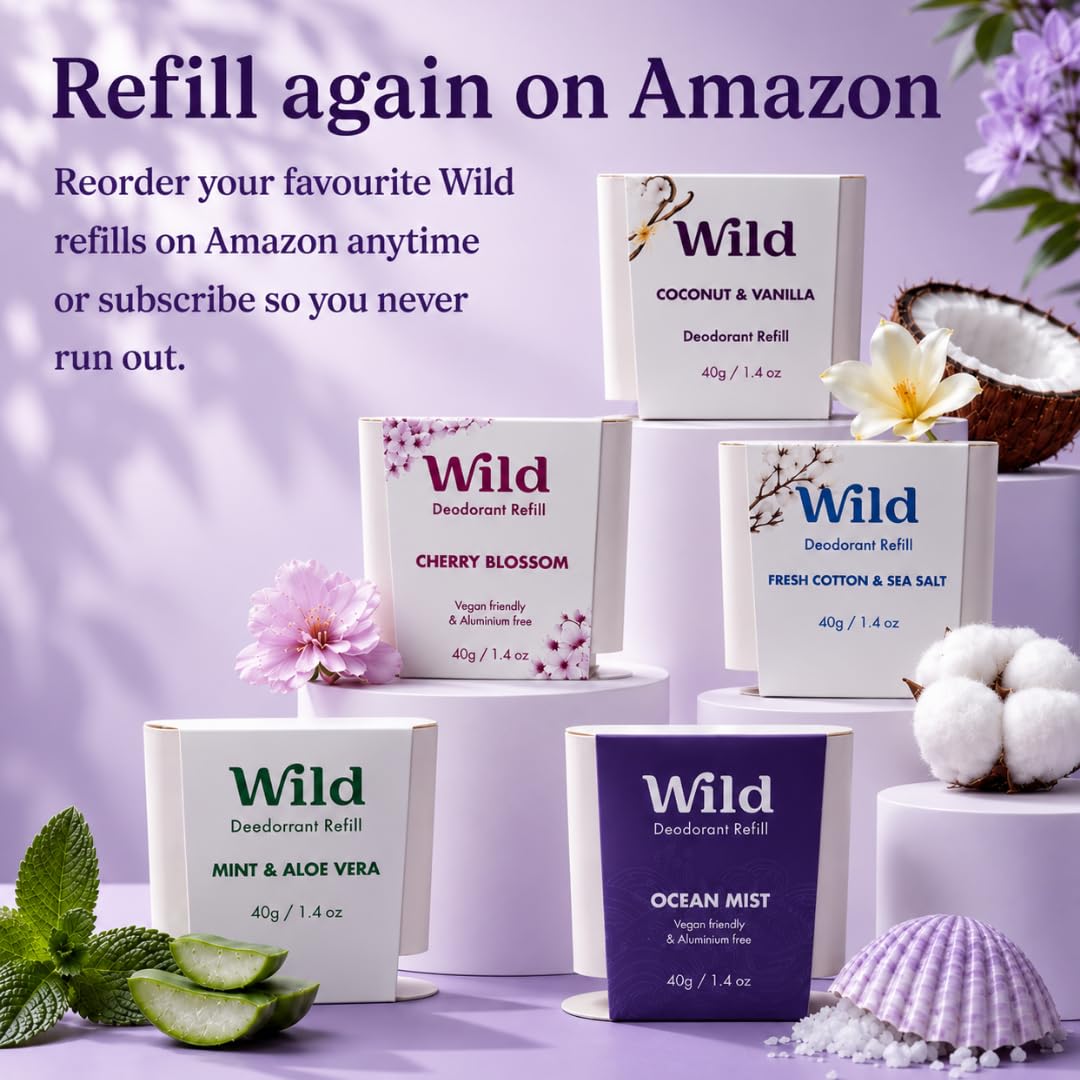 Wild - Deodorante Naturale Ricaricabile - Astuccio Viola con Varie Ricariche - Incluse Cotton & Sea Salt, Cherry Blossom, Coconut & Vanilla, Mint & Aloe Vera, Ocean Mist