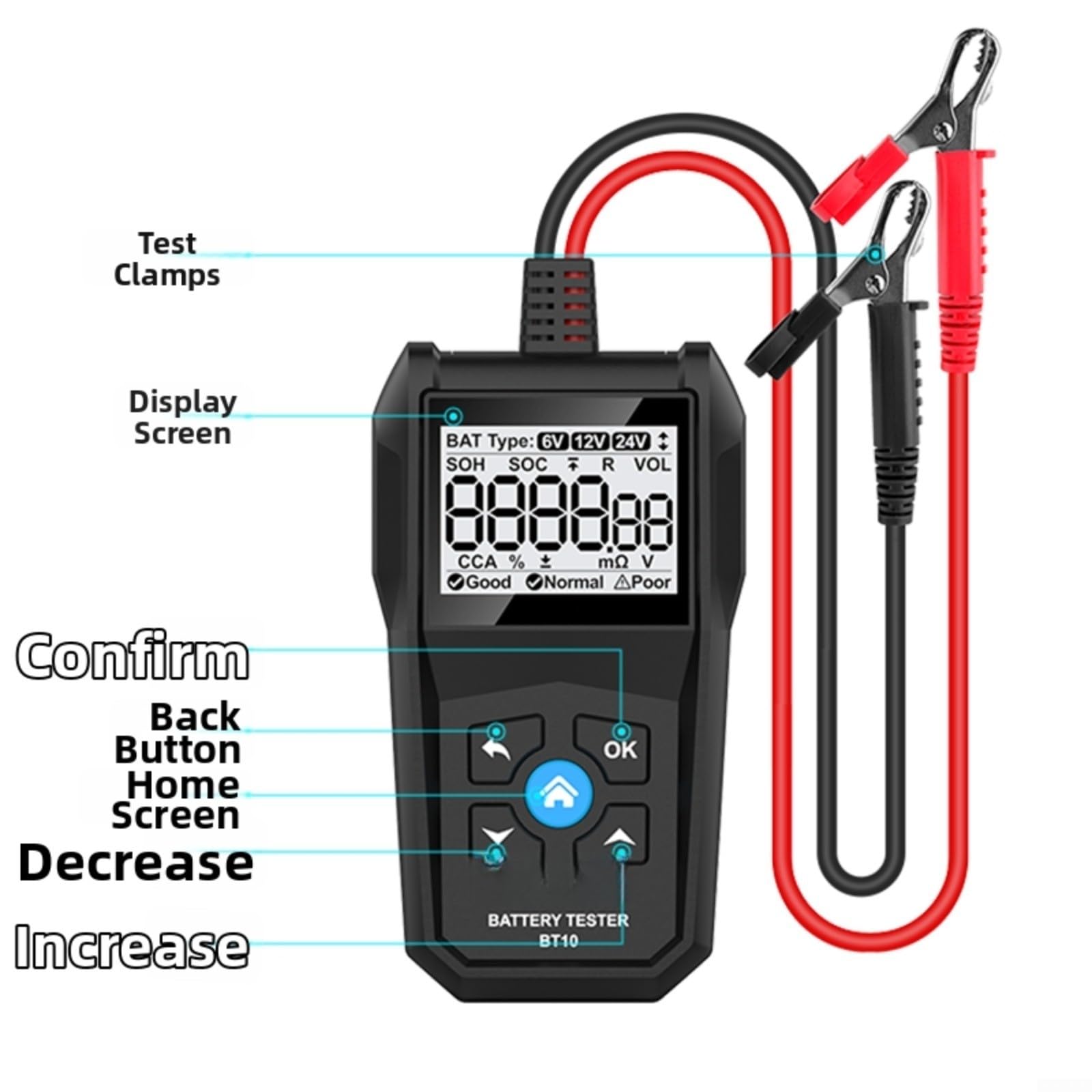 Tester per batteria BT10, 6 V, 12 V, 24 V, dispositivo diagnostico per auto, per tensione, resistenza interna e CCA, display LCD con analisi SOC/SOH, tester portatile per batterie auto