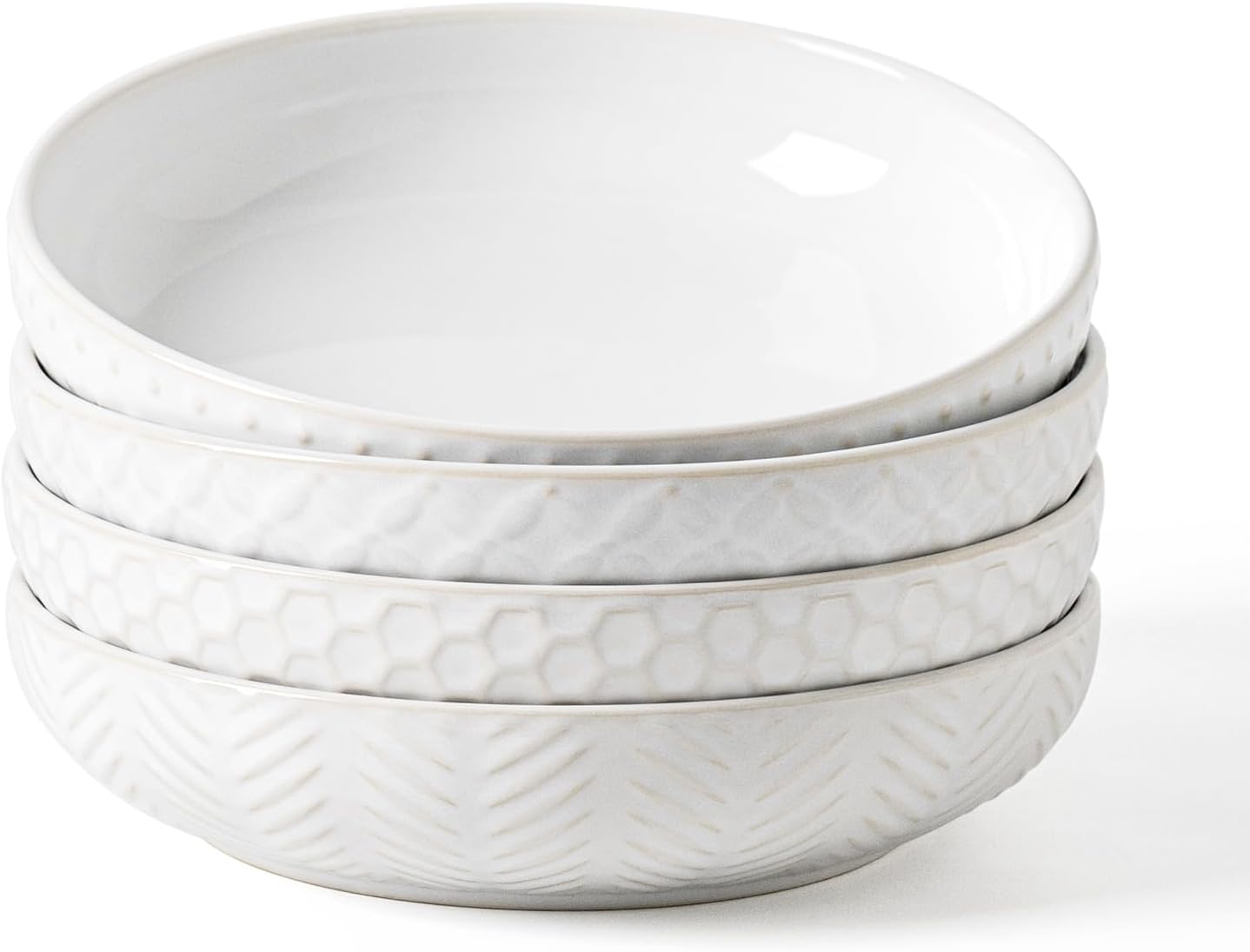 Embossed Ceramic Pasta Bowls Set of 4 – Medium 7.5-Inch, 26oz Serving Bowls for Pasta, Salad, Fruit – Stackable, Microwave & Dishwasher Safe – Great Gift for Housewarming or Everyday Use Arctic White 26 oz (7.5-inch)