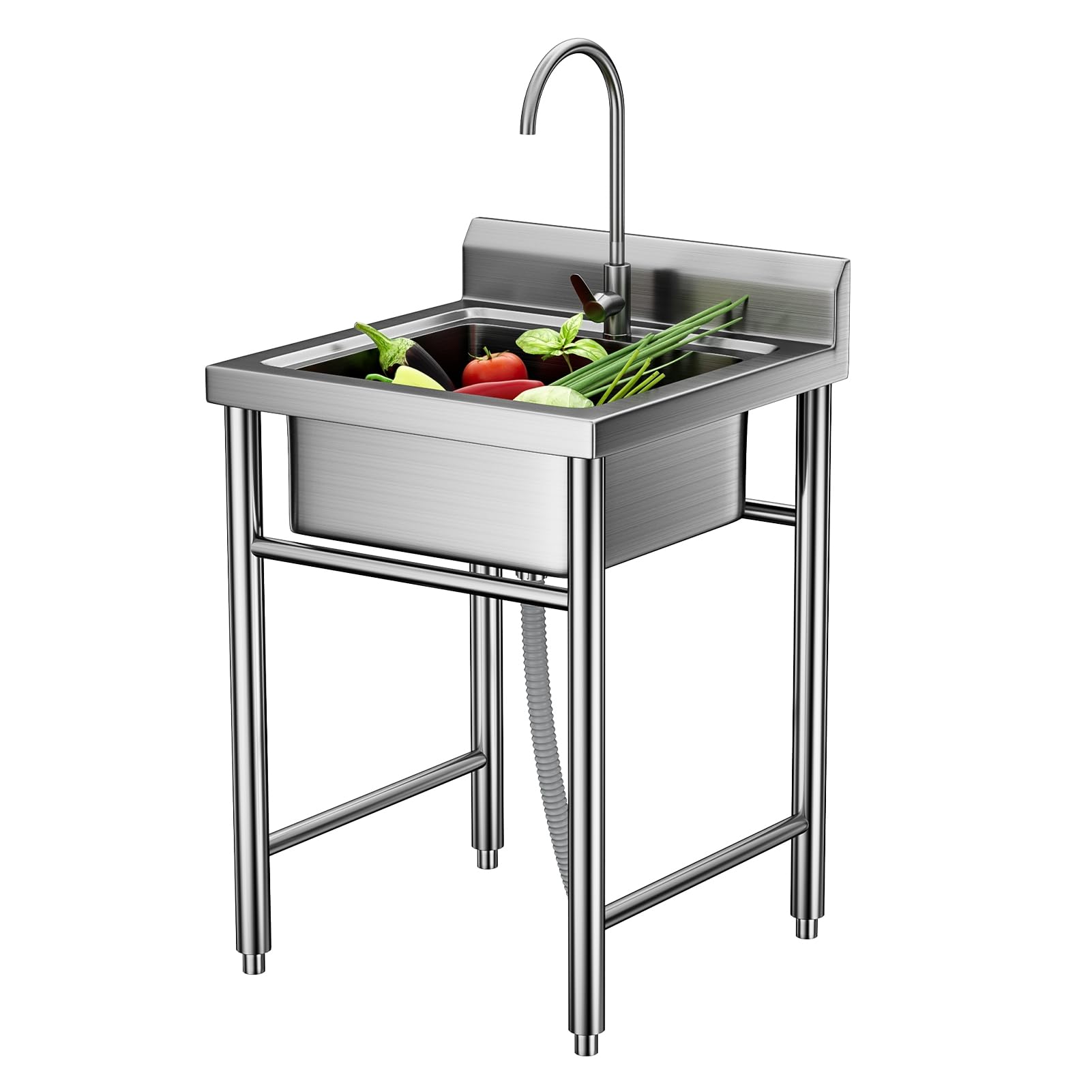 Masiunoz 60x60x95cm Stainless Steel Sink with Removable Strainer Basket, Waterproof Baffle, Freestanding Installation, Outdoor Laundry Sink for Commercial Kitchen Silver