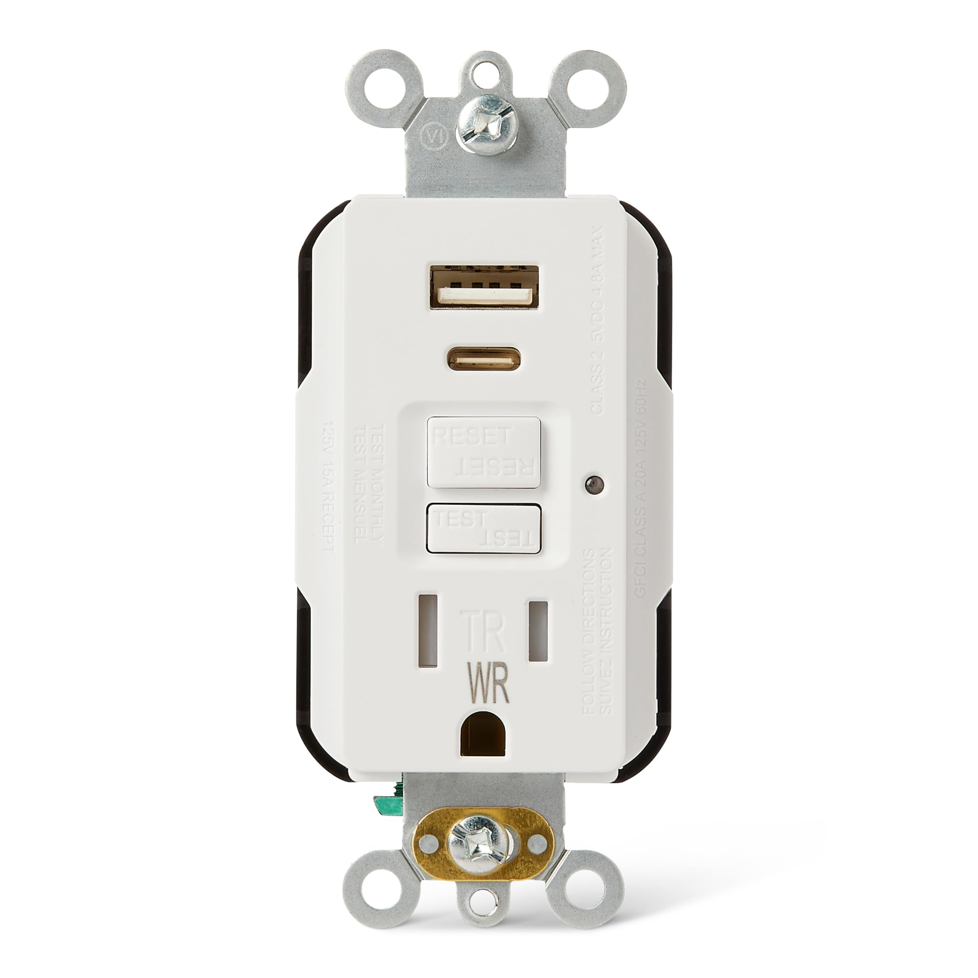 Amazon Basics Weather Resistant GFCI Receptacle with USB-A and USB-C Ports, 15 Amp Self-Test Outlet, Tamper Resistant, White, 1 Pack
