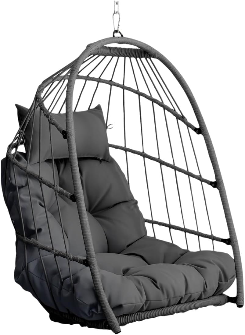 Outdoor Garden Rattan Egg Swing Chair Hanging Chair PE Hanging Chair(Gray+Gray)