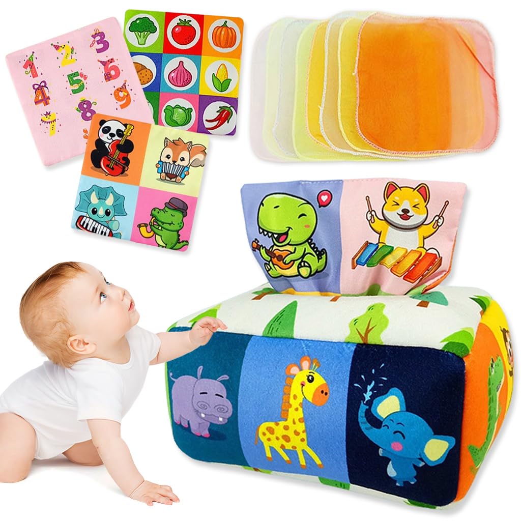 PATPAT® Soft Tissue Box Toy for Baby 6 to 18 Months Cartoon Cloth Tissue Box Montessori Toy Crinkle Sensory Toy Activity Toy with 8Pcs Sheer Tissues & 3Pcs Double Sided Crinkle Fabric Tissues-image-32
