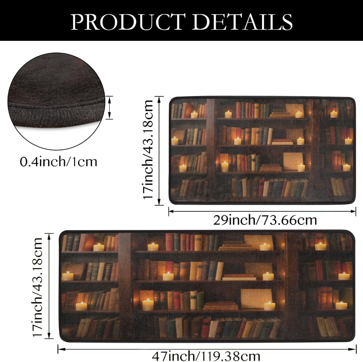 Anti Fatigue Vintage Bookcase Kitchen Mats for Floor 2 Piece Set, Waterproof Non Slip Boho Kitchen Floor Rugs, Comfort Standing Mat for Sink Laundry & Home Kitchen 17"x47"+17"x29"