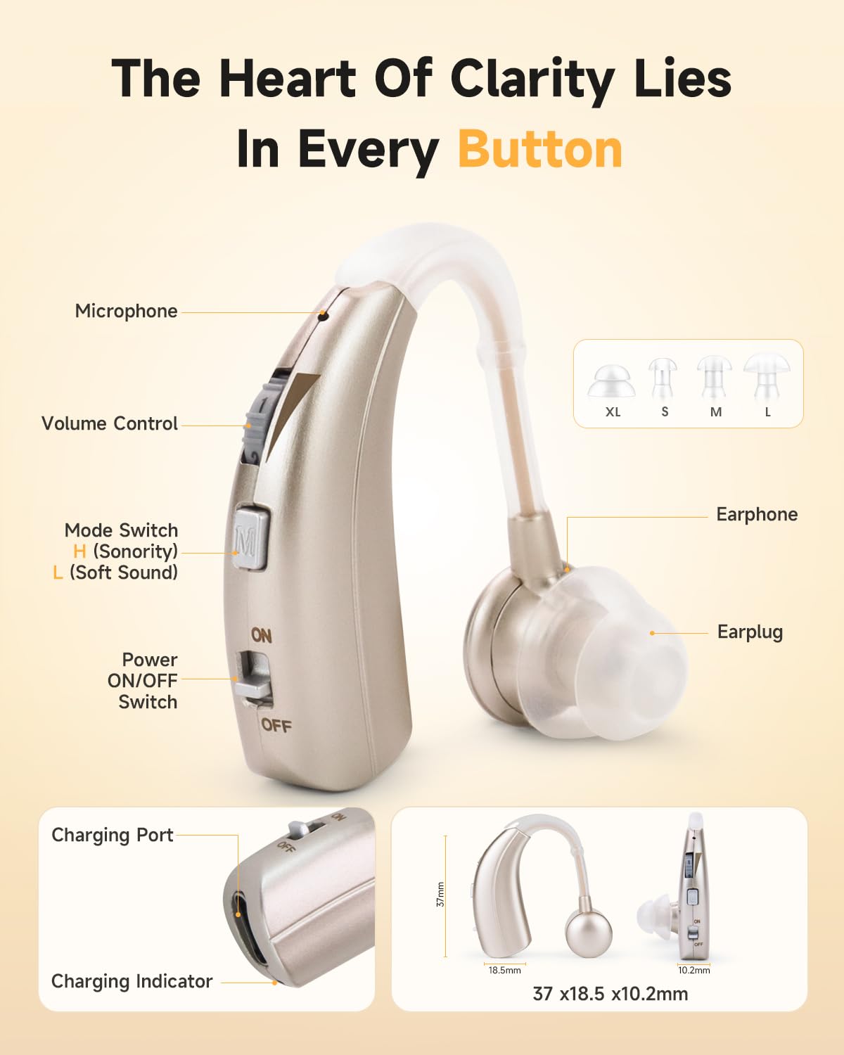 Britzgo 1301 Personal Sound Support BTE, 40H langlebiger Akku, Typ-C Schnellladung, Turbo-Drehlautstärke und 2 Audio-Modi (weich/hell), langlebige ABS-Schale (silberfarben)
