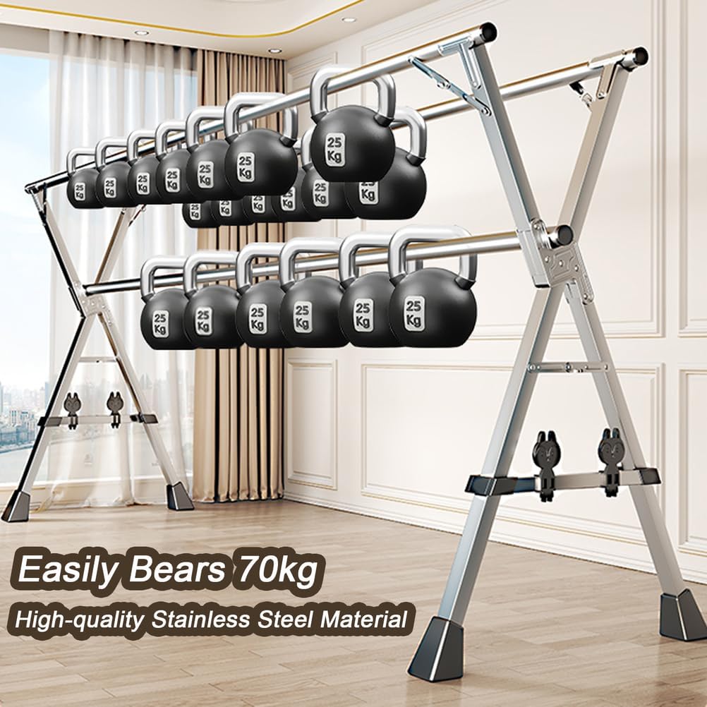 Folding Retractable Drying Rack - X-Shaped 63/79/95" Stainless Steel Laundry Hanger with Shoe Holder, Non-Slip Feet for Indoor/Outdoor Use, 2.4m/7.8ft