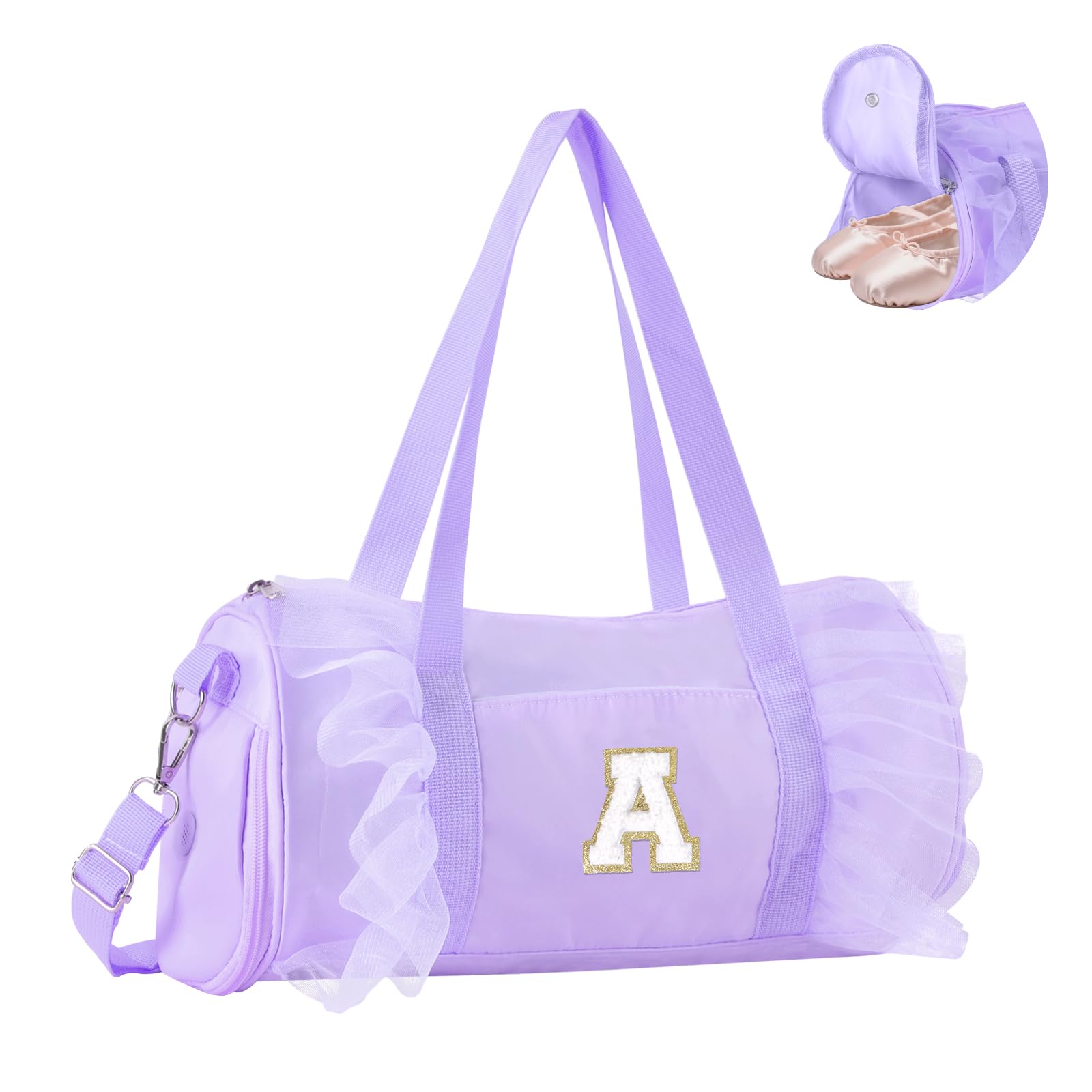 Personalized Initial Dance Bag for Girls 4-6, Small Lace Gym Sport Yoga Cheer Dance Bags Gift for Teen Girls, Cute Letter Kids Ballet Bag Toddler Travel Duffel Tote with Adjustable Straps(Purple-A)