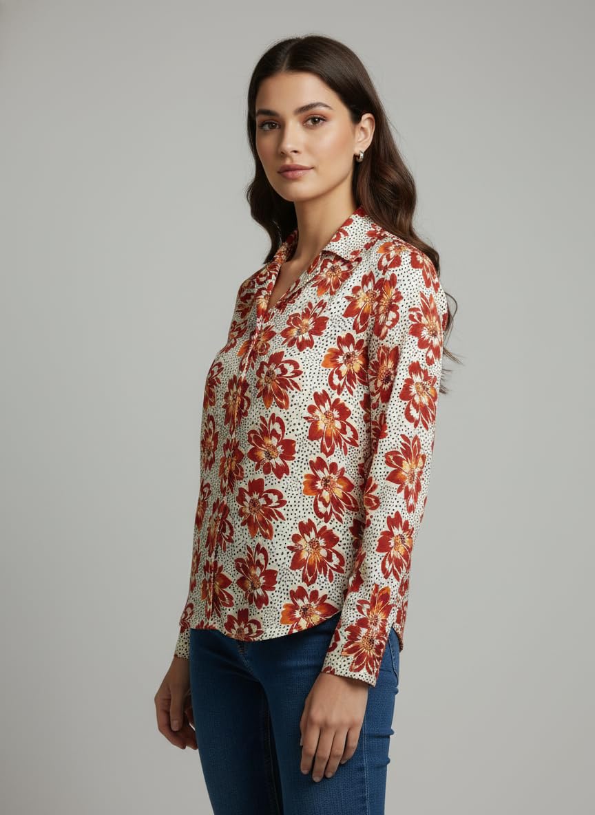 ANNI Designer Bedrucktes Damenhemd aus Baumwollmischgewebe, langärmelig, normale Passform, Hemdkragen, legere Bürokleidung, elegante Western-Kleidung für den Alltag, Hochzeit, Party