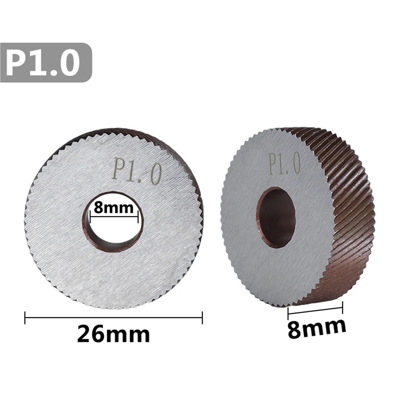 Koło radełkowane, Zestaw 2 prostych kółek radełkowanych HSS, skok 1,0 mm, średnica zewnętrzna 26 mm, średnica wewnętrzna 8 mm i grubość do tokarki do metalu