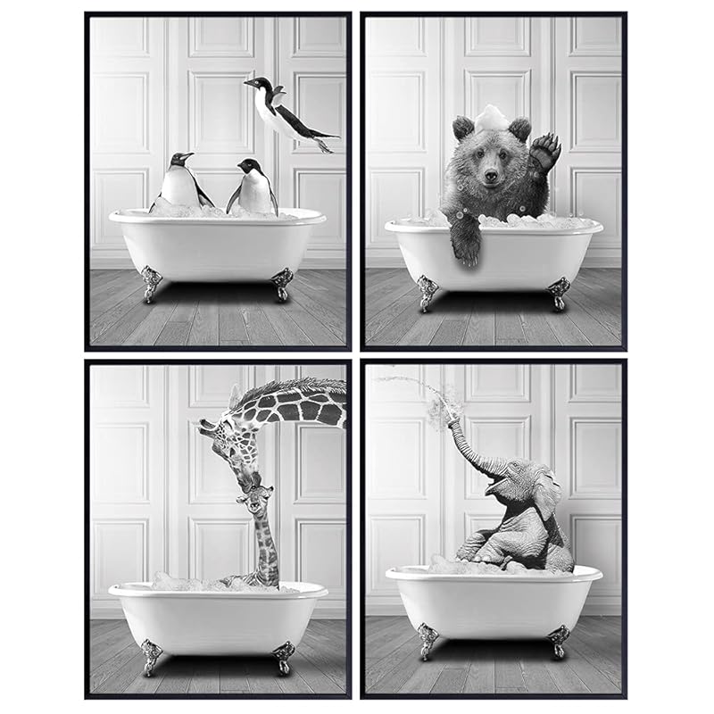 Funny Bathroom Decor for Women, Kids Elephant, Bear, Giraffe, Penguin Wall Art
