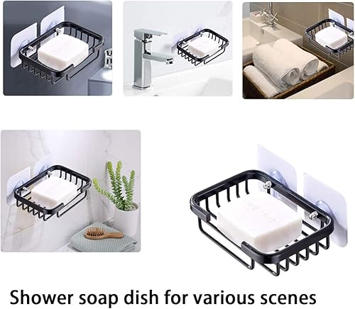 Miniatura 4 de Soporte de jabón de baño, soporte adhesivo de aluminio para esponja para baño e inodoro, soporte de jabón para pared de ducha, sin taladrar (negro)