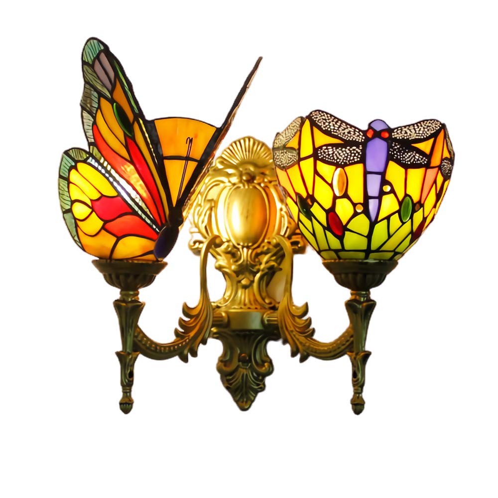Tiffany Style Butterfly Wall Lamps & Sconces, Vintage Stained Glass Wall Light Fixtures, 1 Lights, 2 Lights, 3 Lights, Retro Bathroom Mirror Light for Bedroom Living Room Hallway Night Light,13