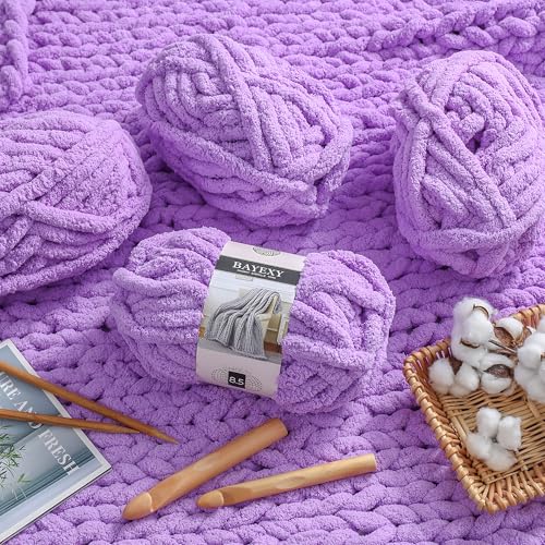 Image of Chunky Chenille Yarn for Hand Knitting 8 Jumbo Pack Jumbo Chunky Yarn for Hand Soft Blanket Knitting, Bulky Thick Fluffy Yarn for Crocheting (Purple)