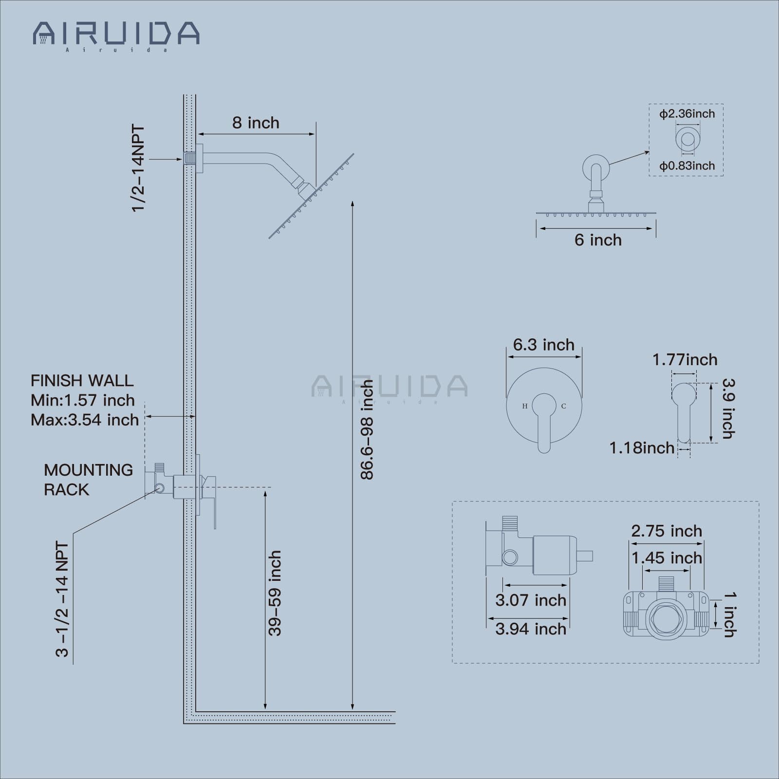 Airuida Duscharmatur Set Gebürstetes Gold – 8 Zoll Regenduschkopf & Einhand-Mischer – Wandmontage, 1/4'' NPT