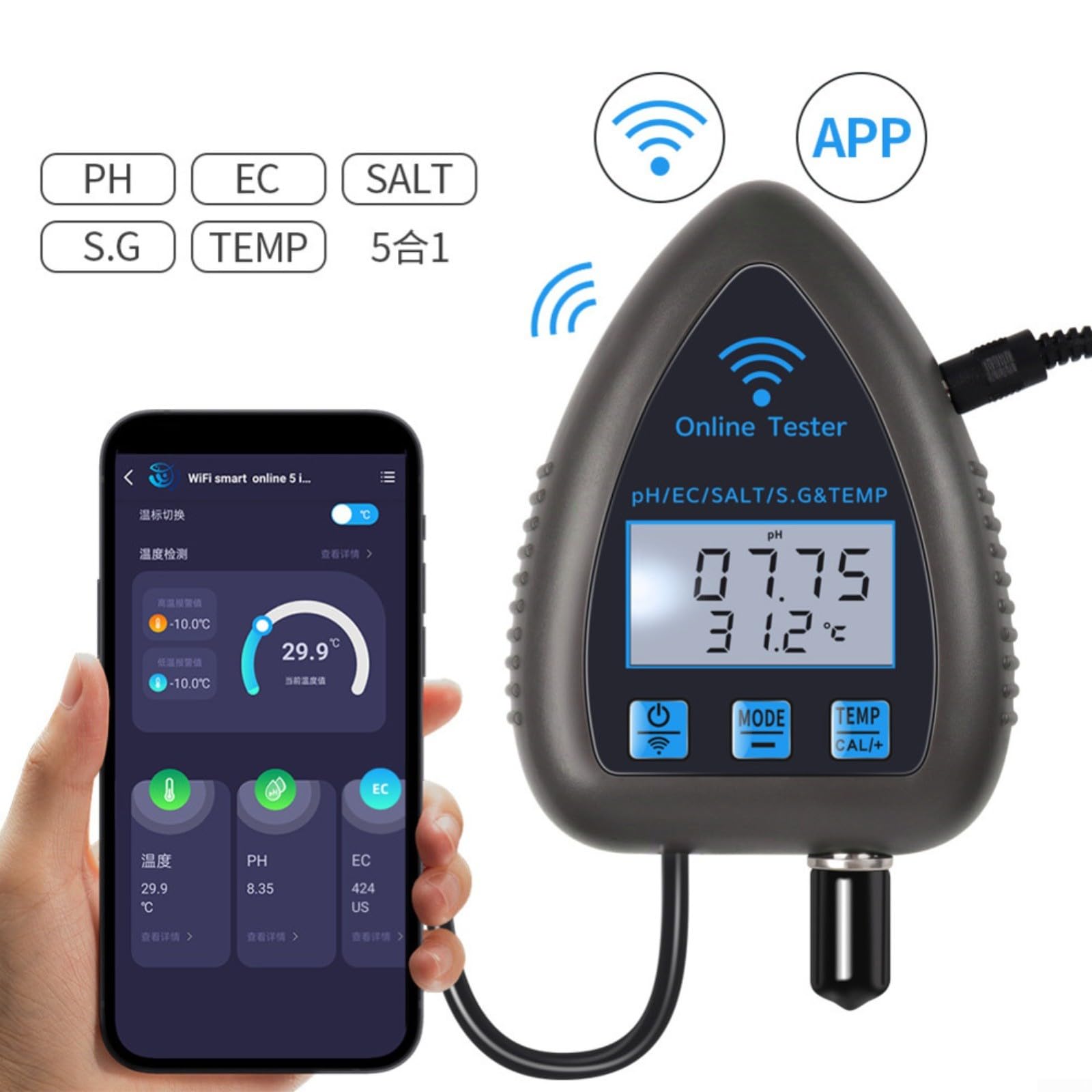 KiraKira WiFi pH y salinidad Monitor App, 5 en 1 para temperatura del probador de calidad del agua, análisis de gravedad específica (WF9953)