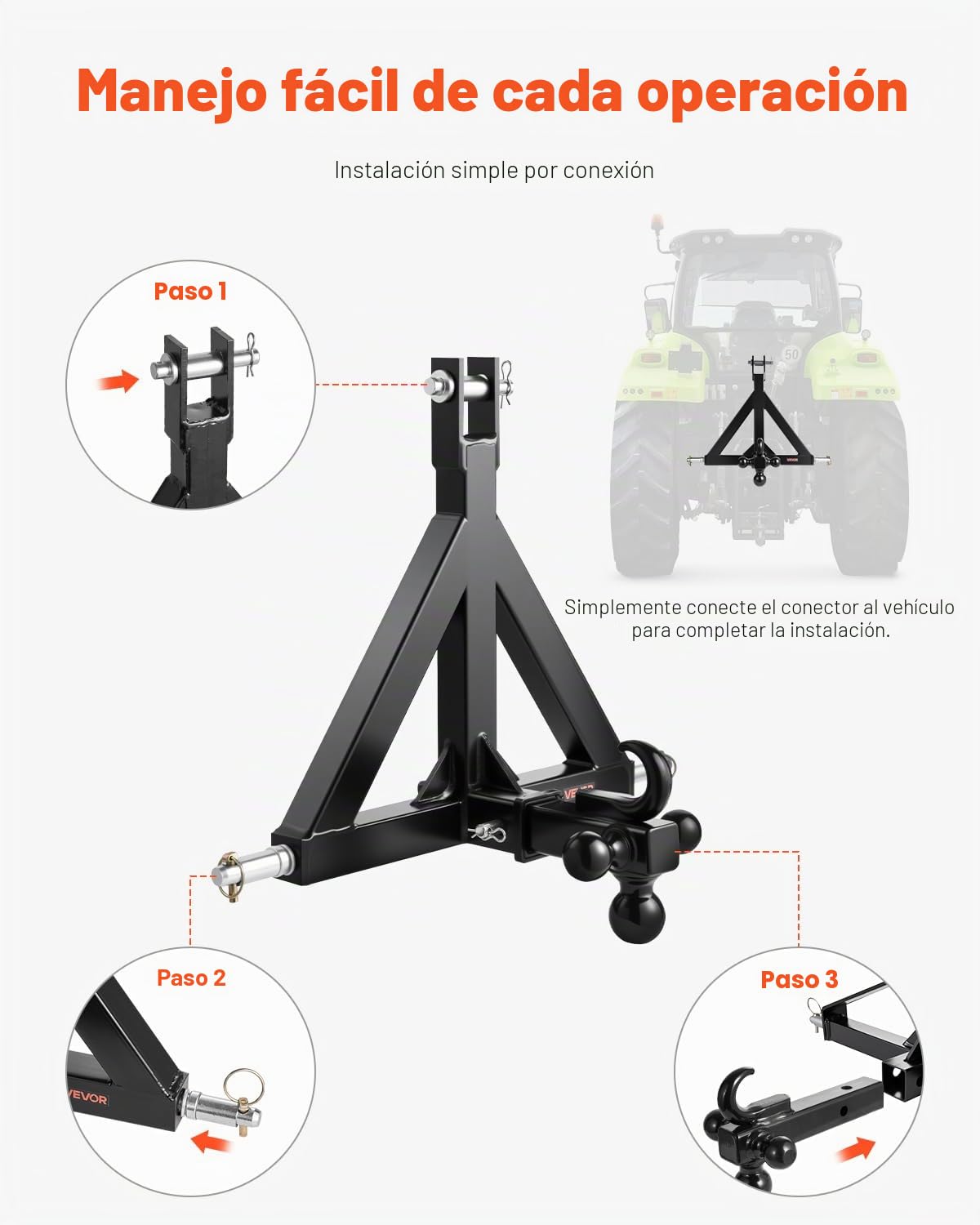 VEVOR Enganche de Remolque de 3 Puntos de 50,8 mm con 3 Bolas de Remolque Adaptador de Barra de Remolque para Tractor, Compatible con Kubota, Mahindra, Ford, Yanmar, John Deere y Massey Ferguson