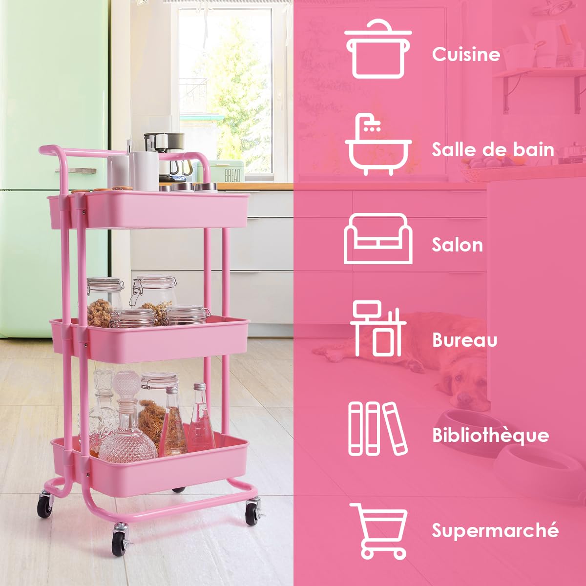 GOPLUS Chariot de Rangement à 3 Niveaux, Desserte à roulettes avec 4 roulettes Universelles, 2 avec Frein, Panier Charge 20KG, pour Cuisine, Bureau, Salle de Bain, 42x35x87CM(Rose)