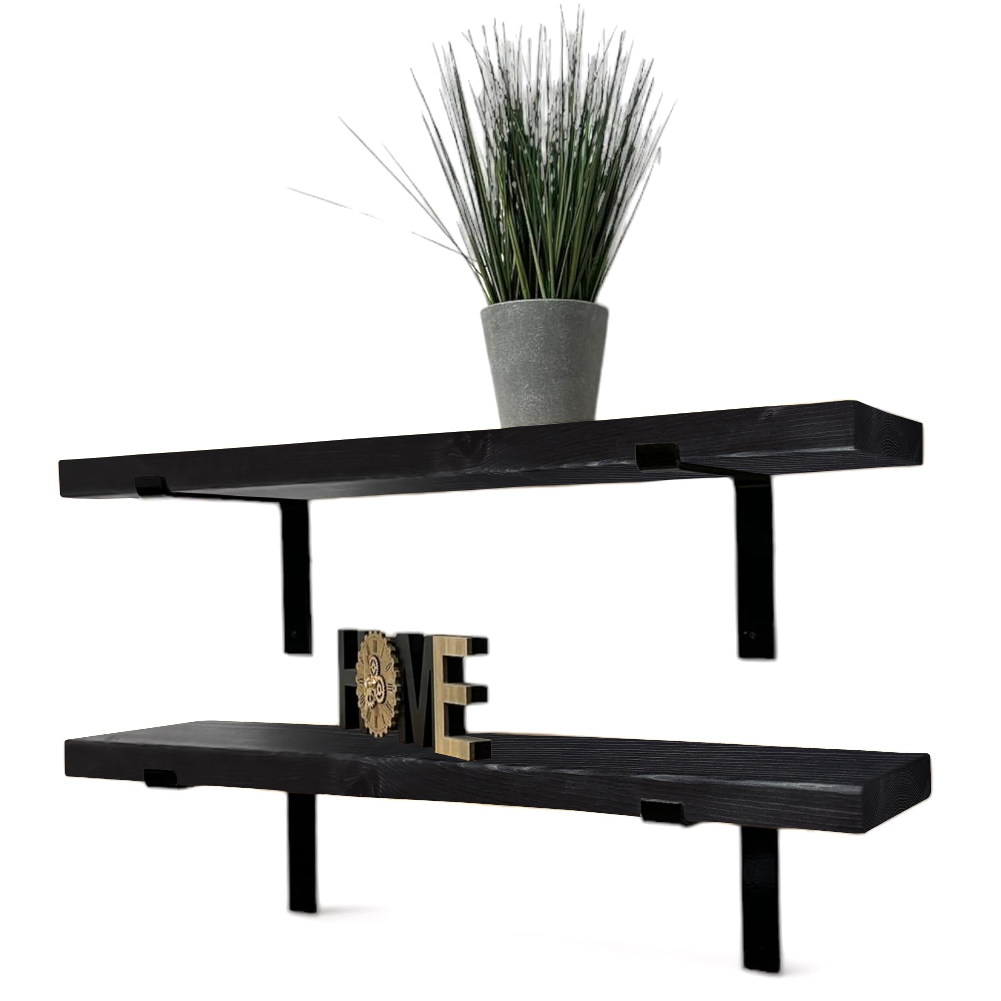 MKGT Set of 2 Rustic Shelves, Wooden Shelving with Brackets for Wall (Black, 80cm)