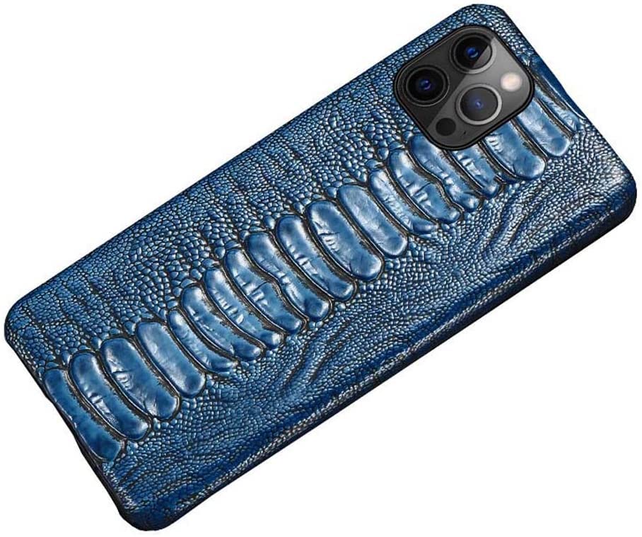 Étui en cuir véritable d'autruche pour iPhone 12 Pro bleu luxe