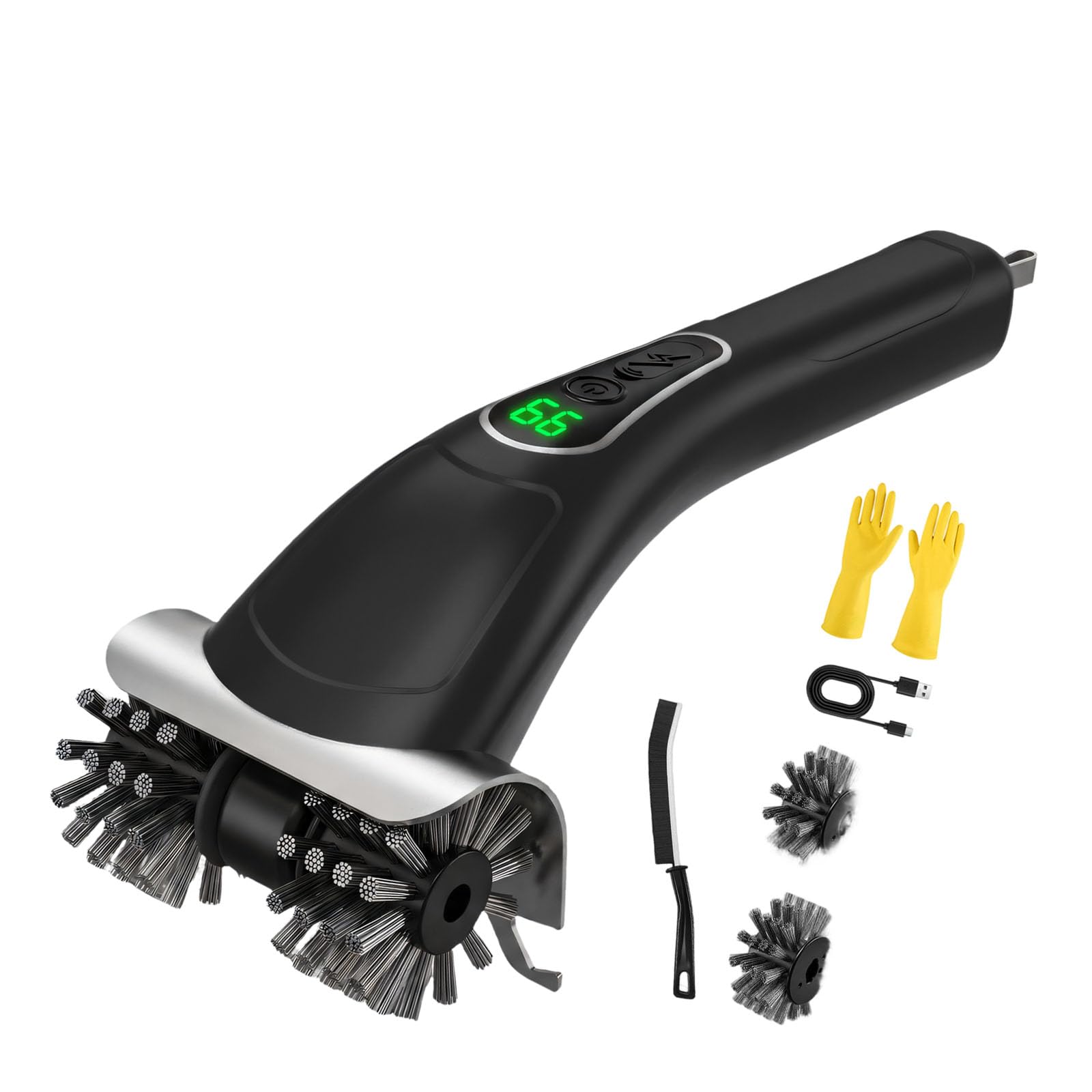 Pangboer Black Electric Grill Brush, Rechargeable Cordless Scrubber With Rotating Bristle Head, Scraper, Handle Display, Abs Body Outdoor Cooking Cleanup Brush